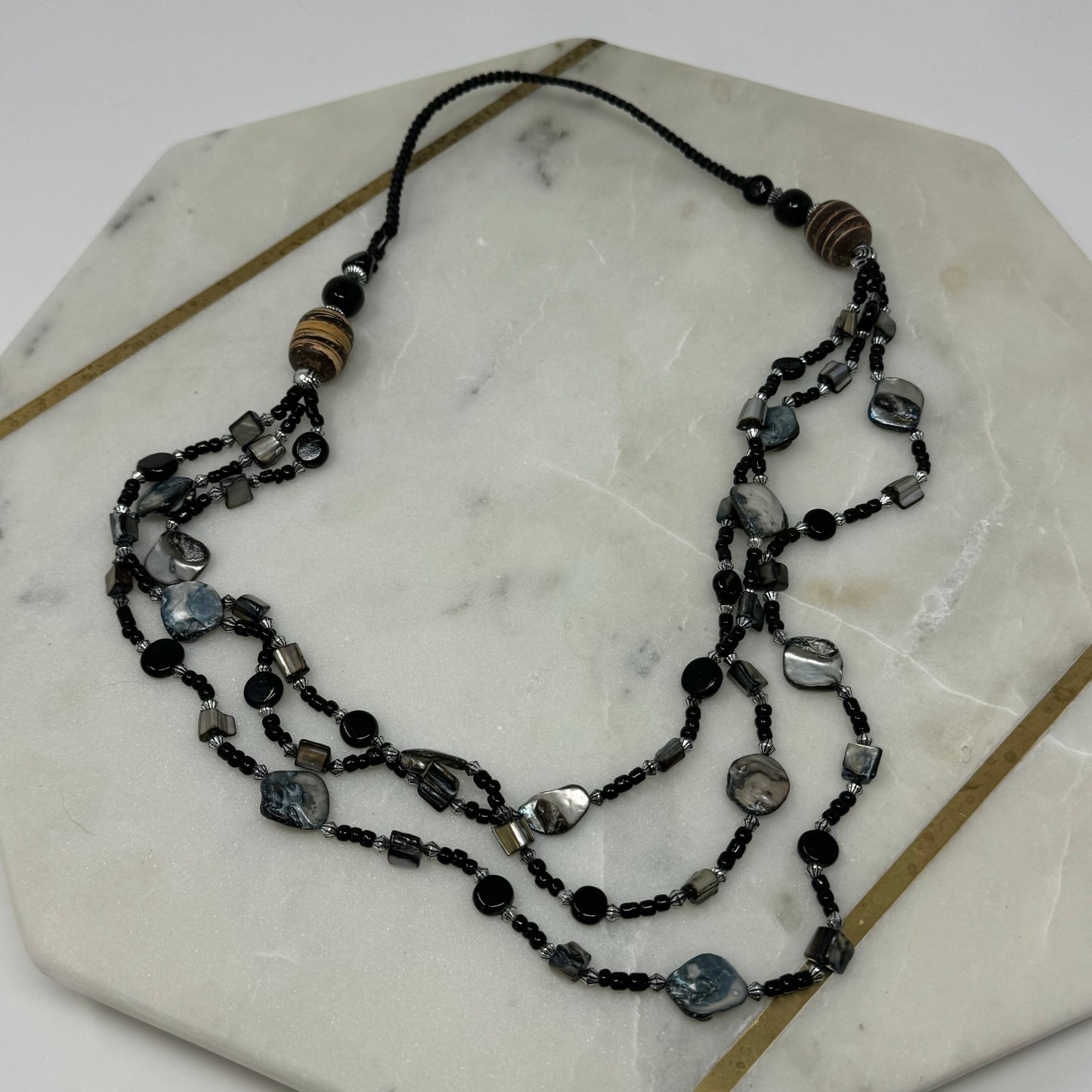 Necklace Boho Beachy Beaded Strands Shell Wood Glass Black Grey 26 in