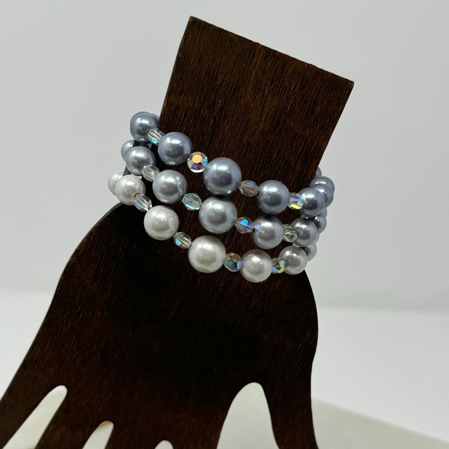 Bracelet Faux Pearl Multi Row Silver Tone Beaded Rhinestone Spacer Wrap Cuff Bangle 6 Inch