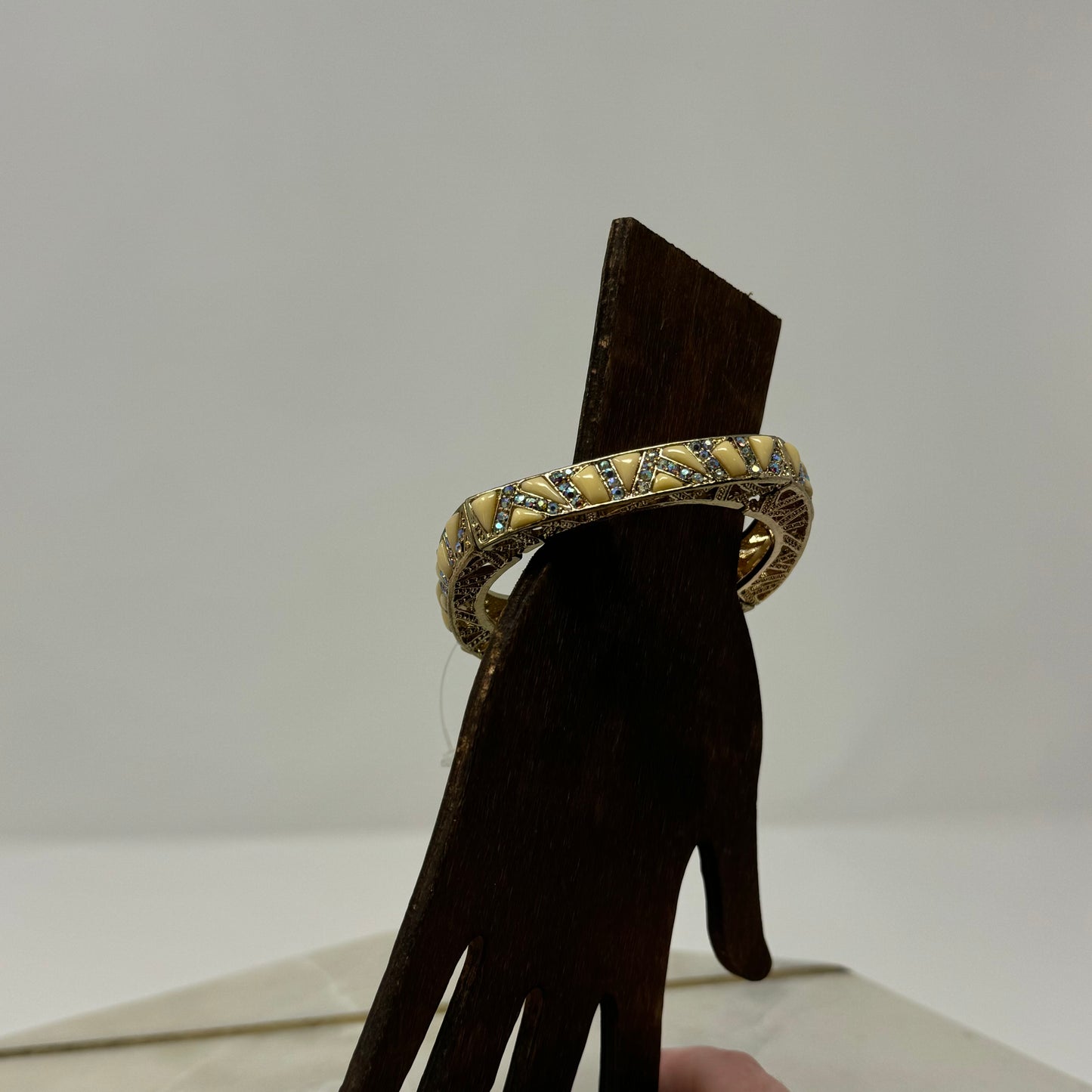 Gold Tone Bangle Bracelet – Enamel Inlay, Rhinestone Accents, Boho Chic, Geometric Design