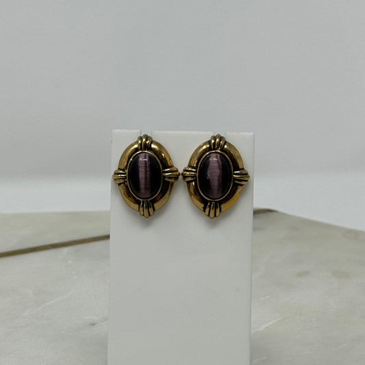 Avon Earrings Boho Southwest Purple Cat Eye 1 in Gold Tone Stud Costume Jewelry