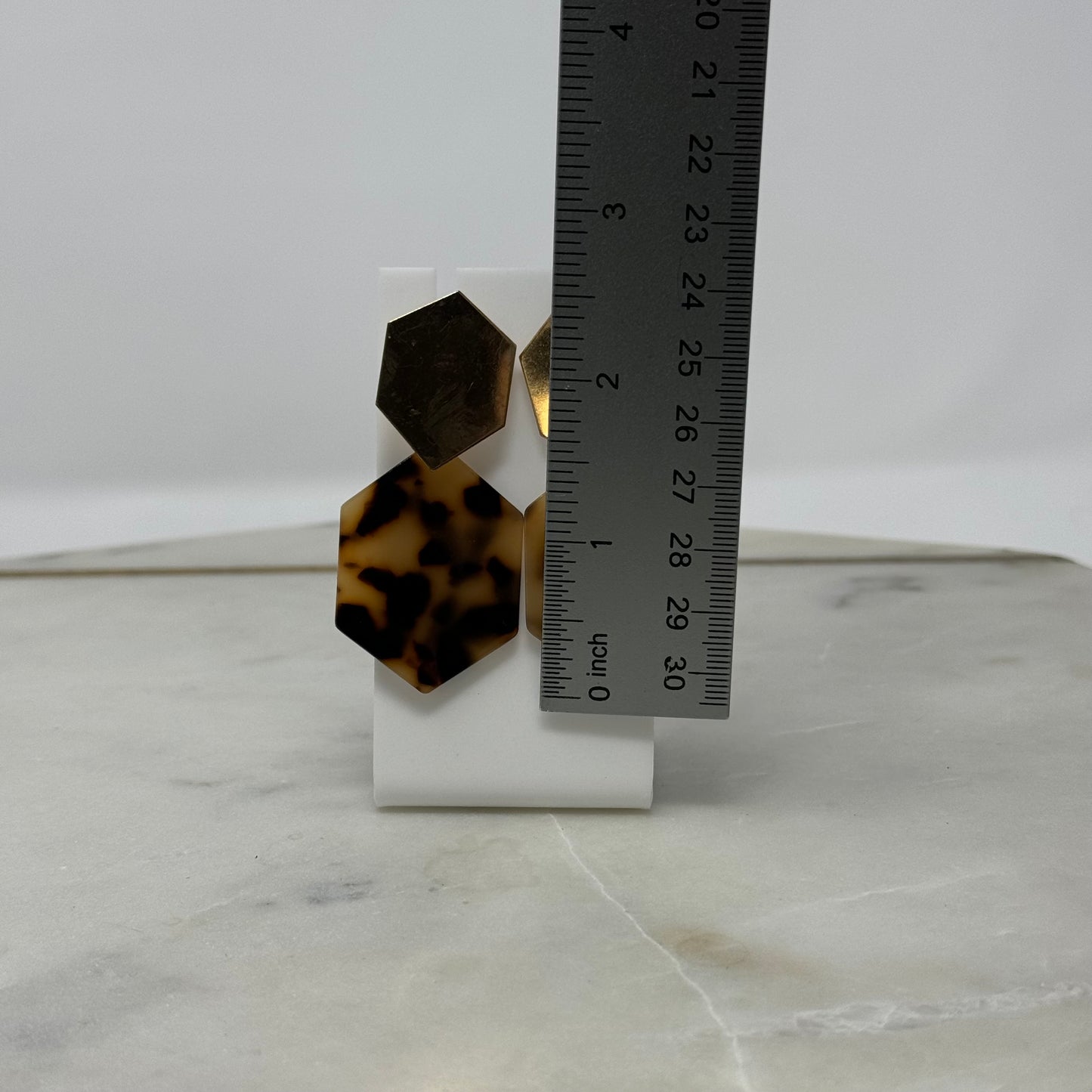 Earrings Boho Southwest Dangle Stud Modern Faux Tortoise Shell Hexagon Gold Tone 2.5 in