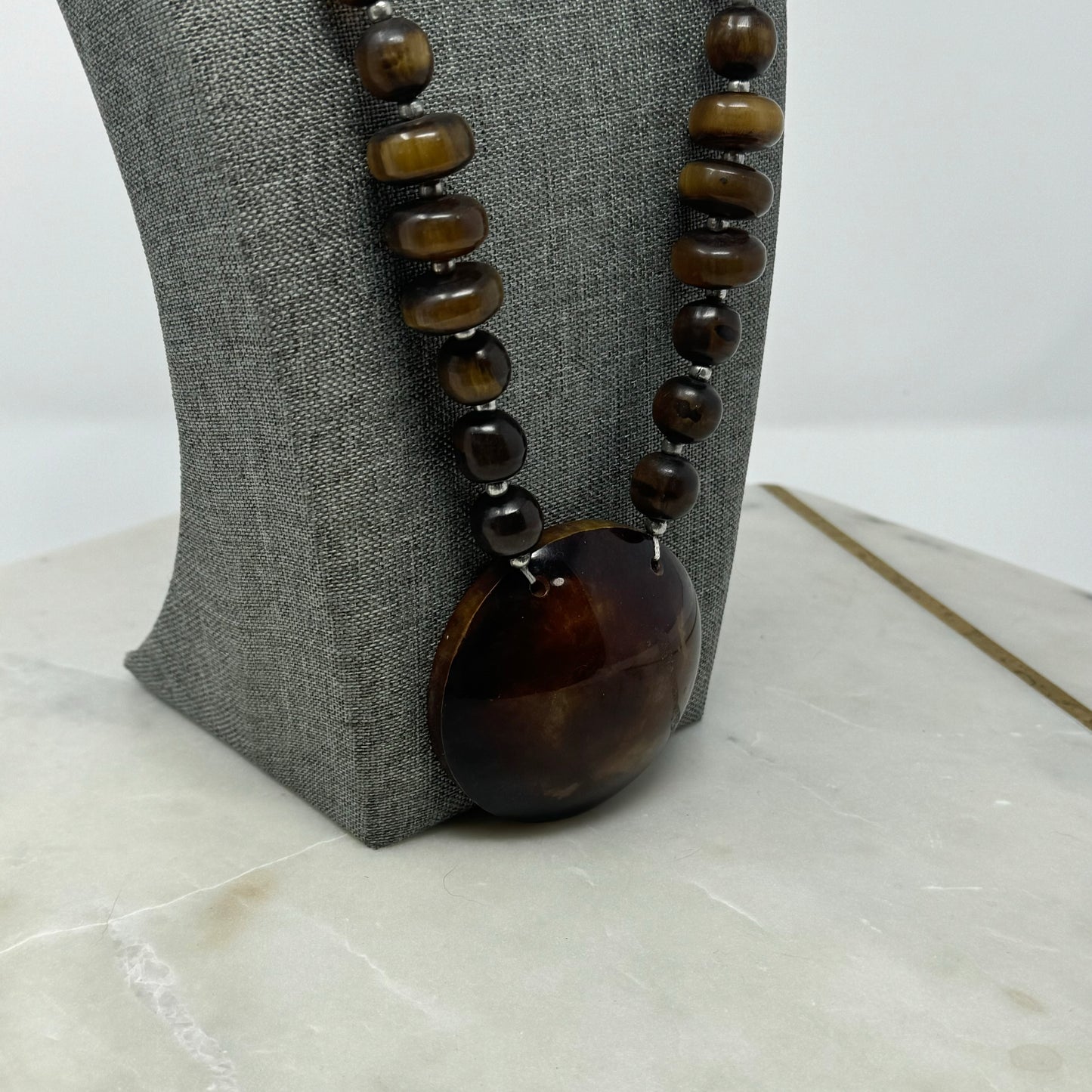 Boho Beaded Statement Necklace with Large Resin Pendant Brown- Handmade Artisan Jewelry