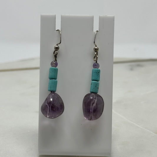 Earrings Boho Southwest Hook Dangles Turquoise & Purple Beaded Stone 2.5 in