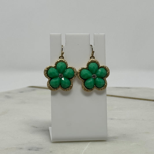 Green & Gold Flower Rhinestone Dangle Hook Earrings