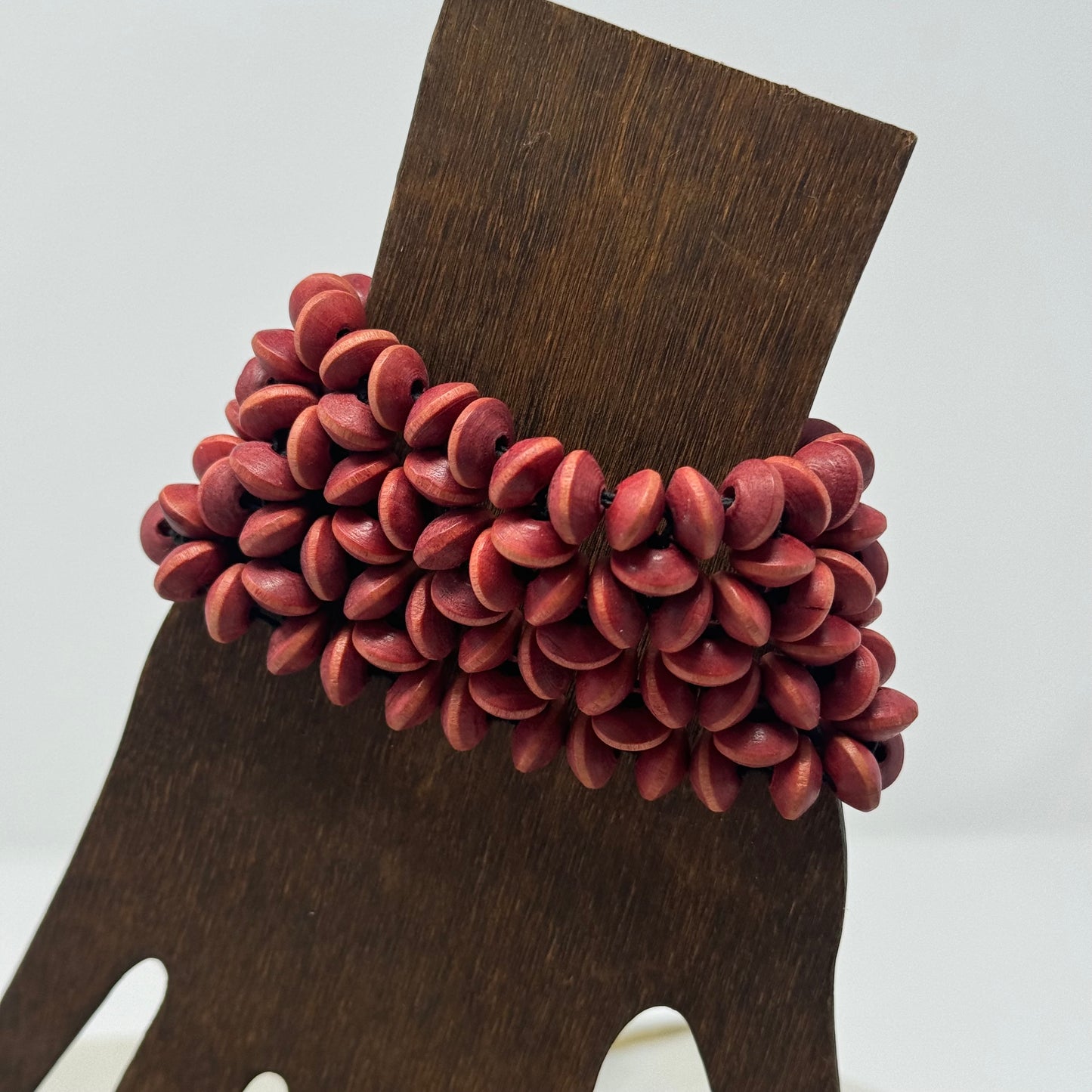 Bracelet Boho Southwest Beaded Cuff Wood Red Multi-Layer 7.75 in