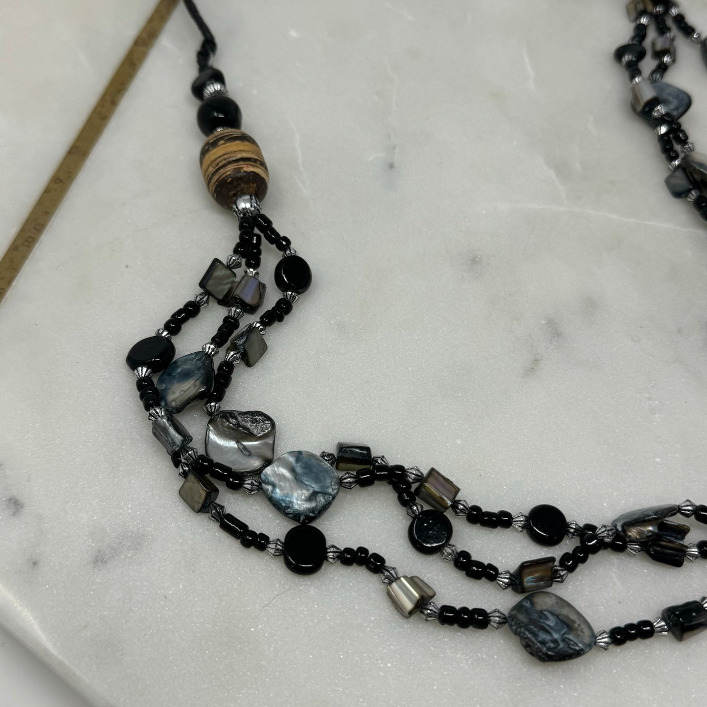 Necklace Boho Beachy Beaded Strands Shell Wood Glass Black Grey 26 in