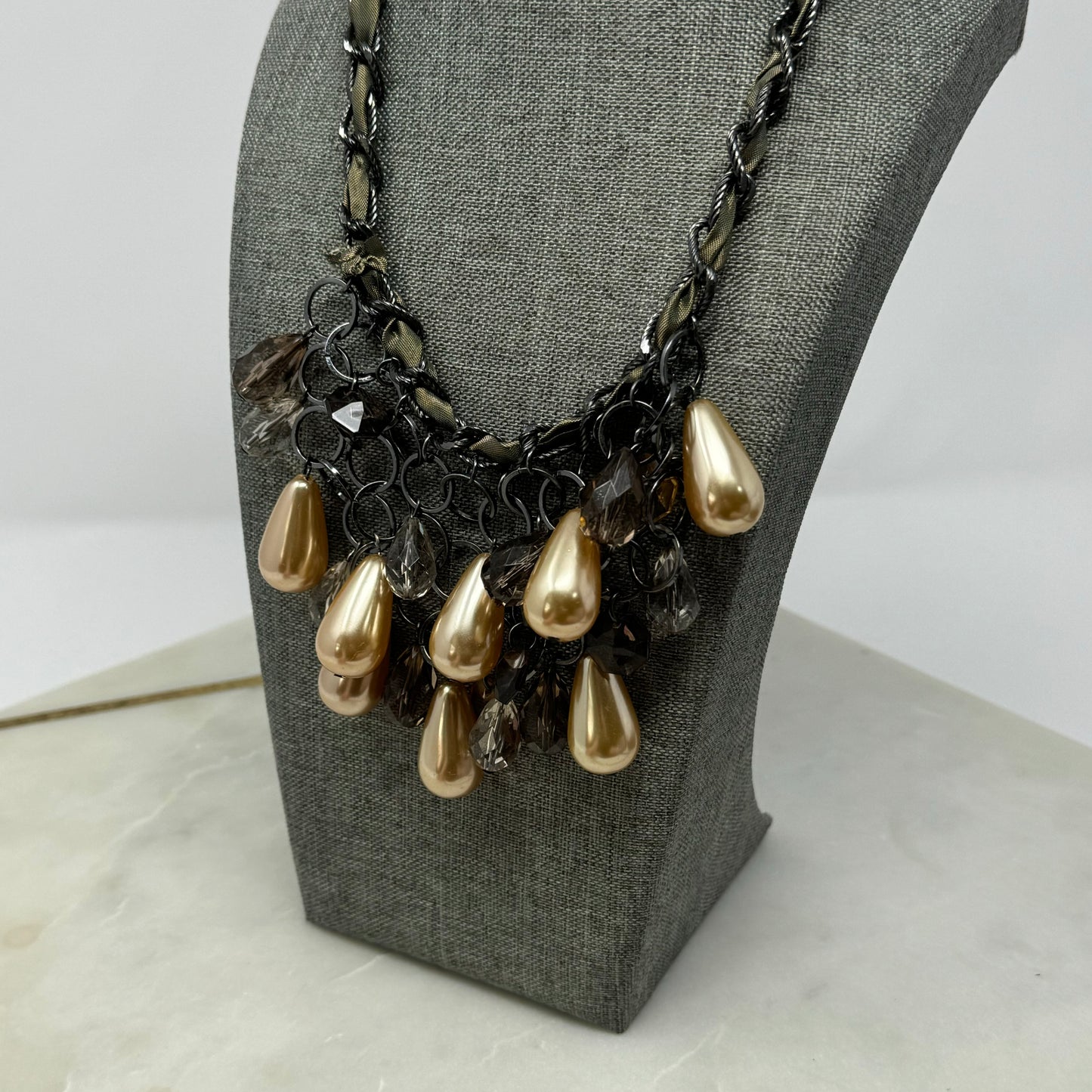 Necklace Boho Layer Statement Beaded Teardrop Faux Pearl Metallic 15”