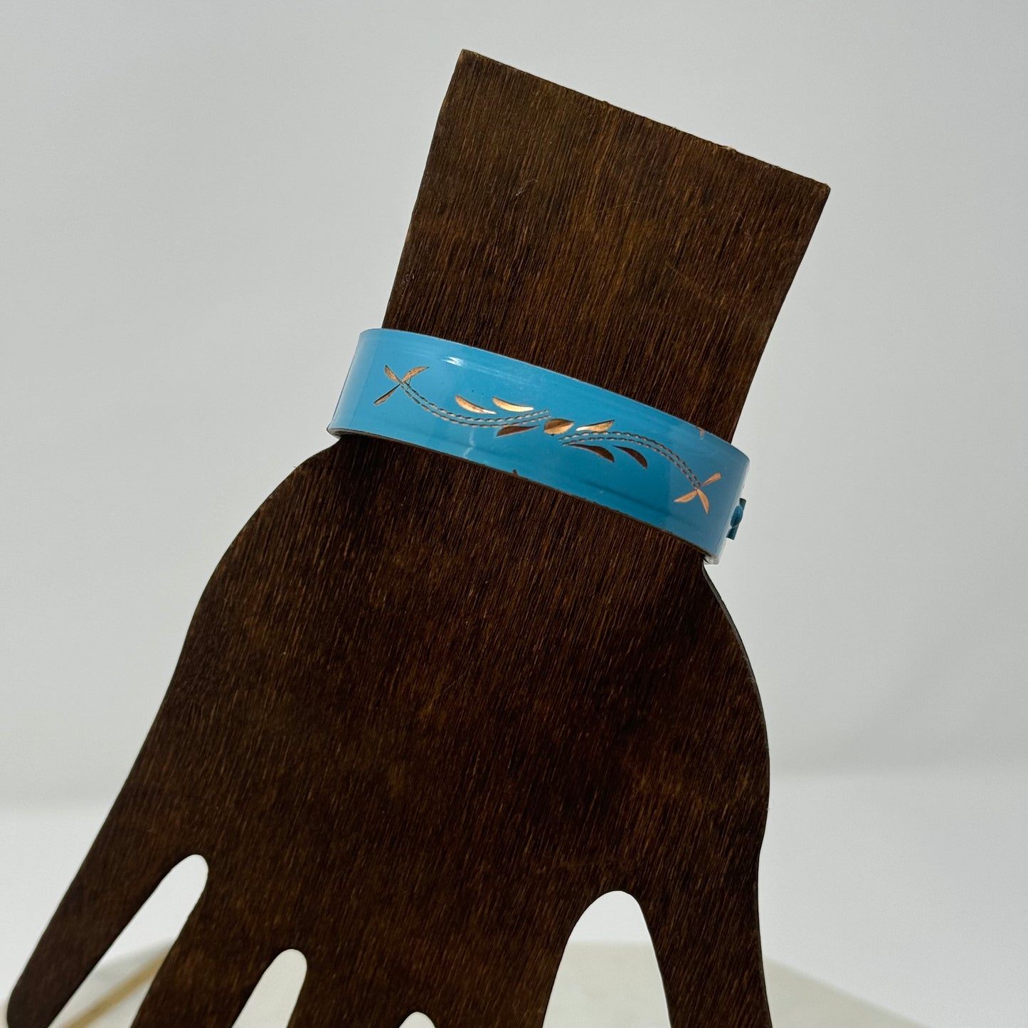 Vintage Blue Bangle Bracelet with Gold Accents - Mid-Century Modern, Floral Design, Retro Statement Jewelry