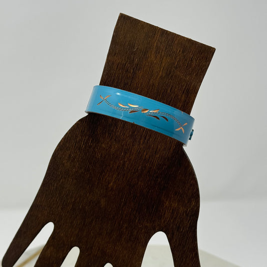 Vintage Blue Bangle Bracelet with Gold Accents - Mid-Century Modern, Floral Design, Retro Statement Jewelry