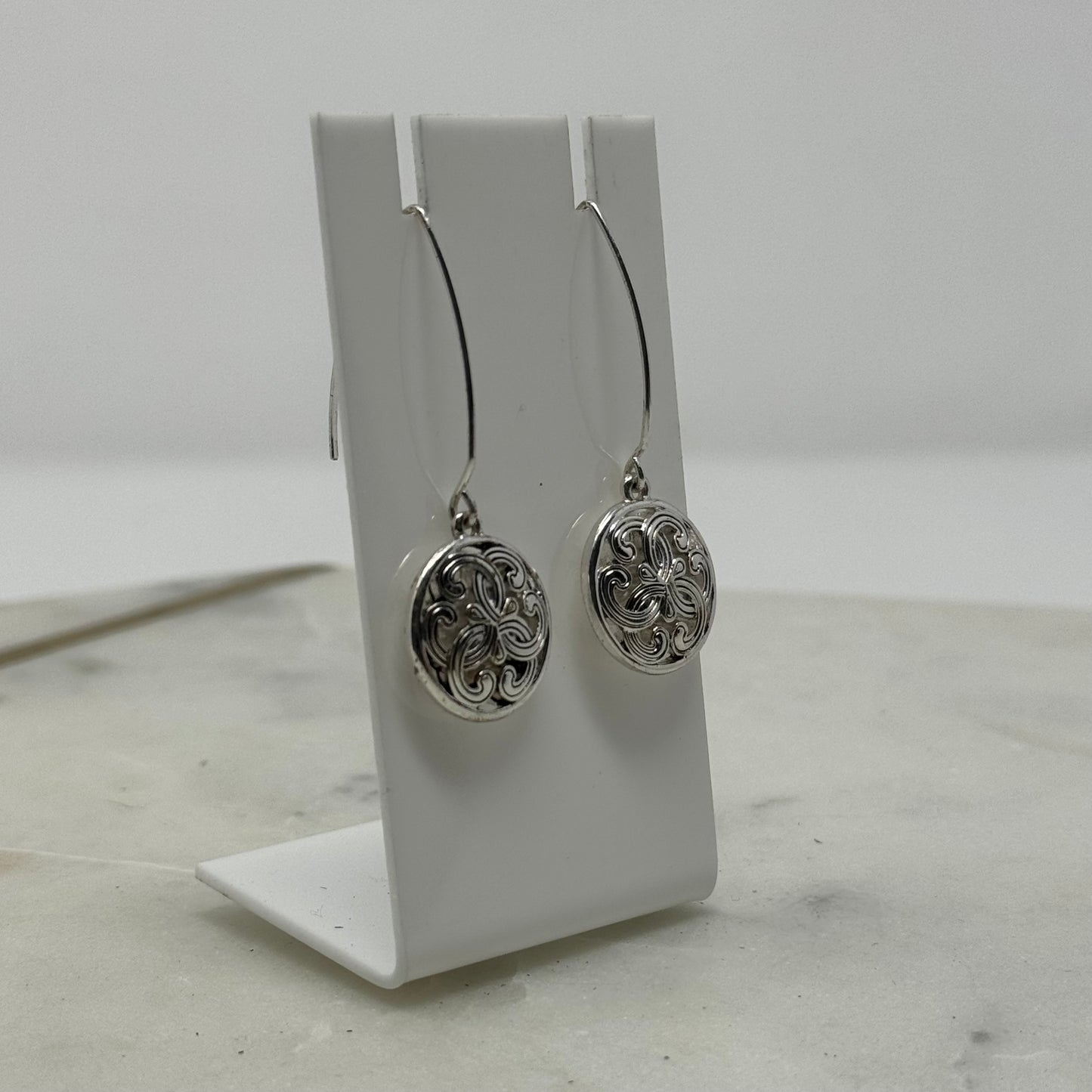 Round Silver Intricate Dangle Long Hook Earrings