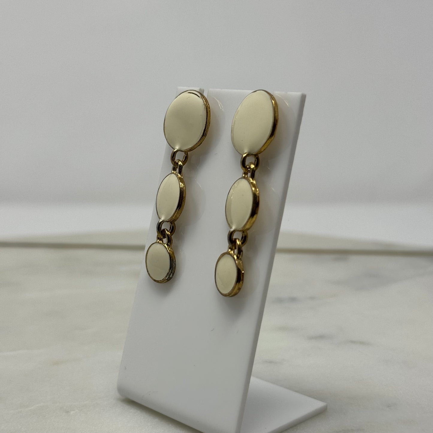 White & Gold Enamel Dangle Post Earrings