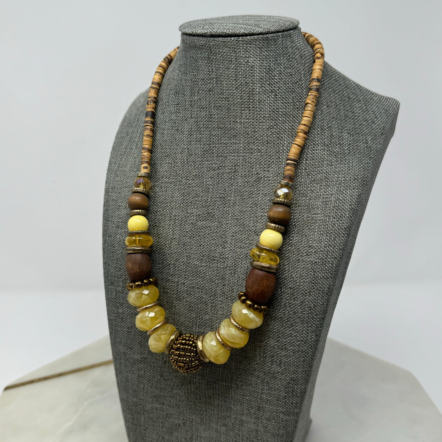 Necklace Boho Beaded Statement Brown Beige 16” Costume Jewelry