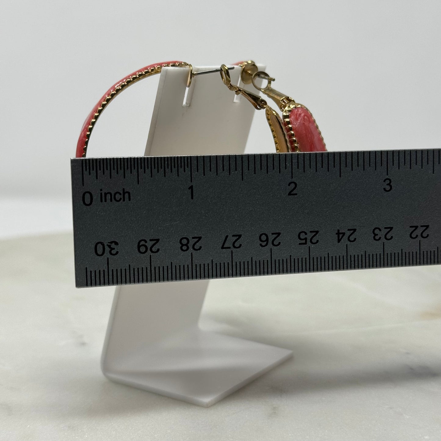 Large Coral Enamel & Gold Hoop Earrings