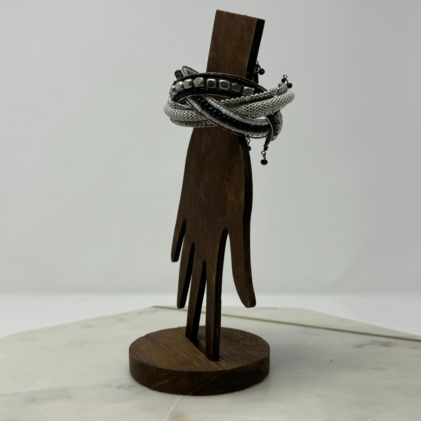 Braided Black & Silver Beaded Cuff Bracelet