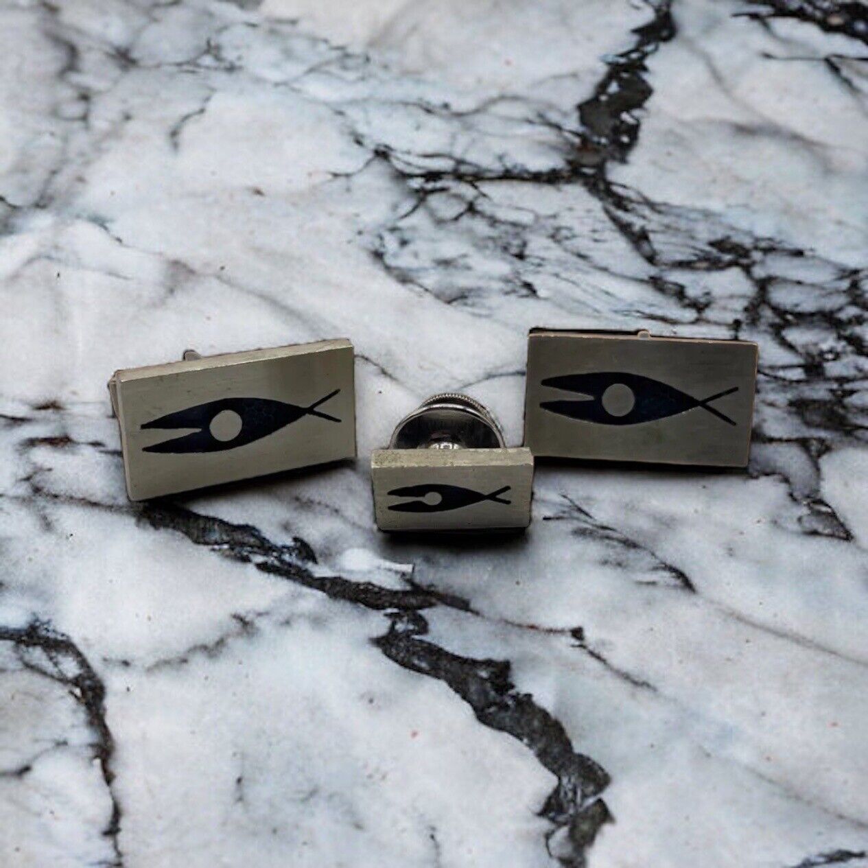 Brushed Silver Fish Cufflinks & Tie Tac Set