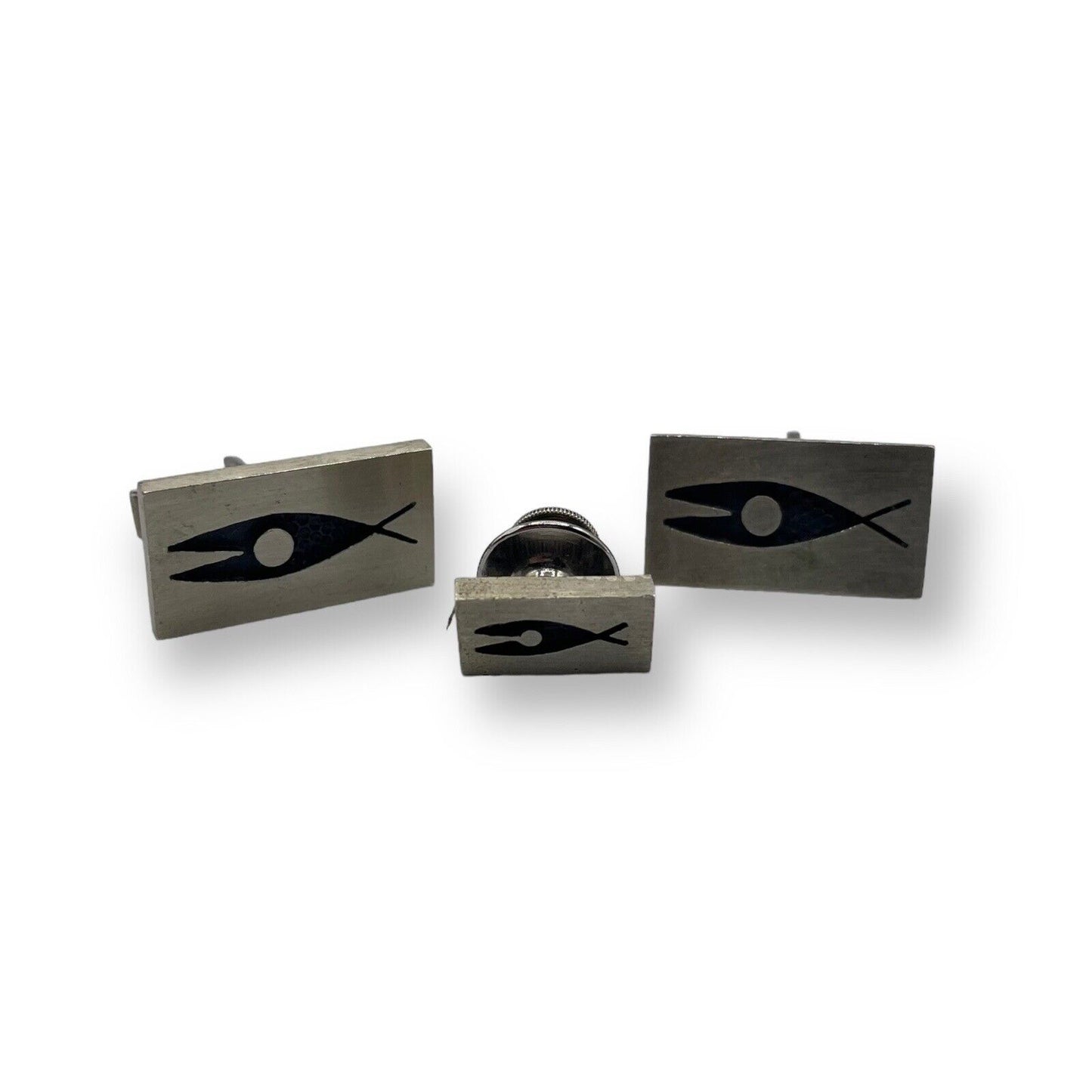 Brushed Silver Fish Cufflinks & Tie Tac Set