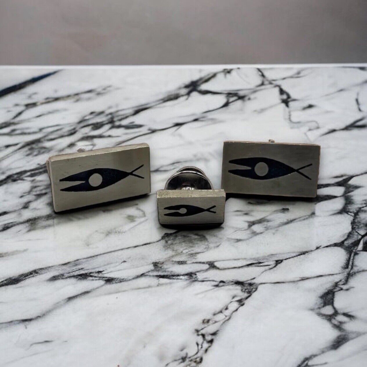 Brushed Silver Fish Cufflinks & Tie Tac Set