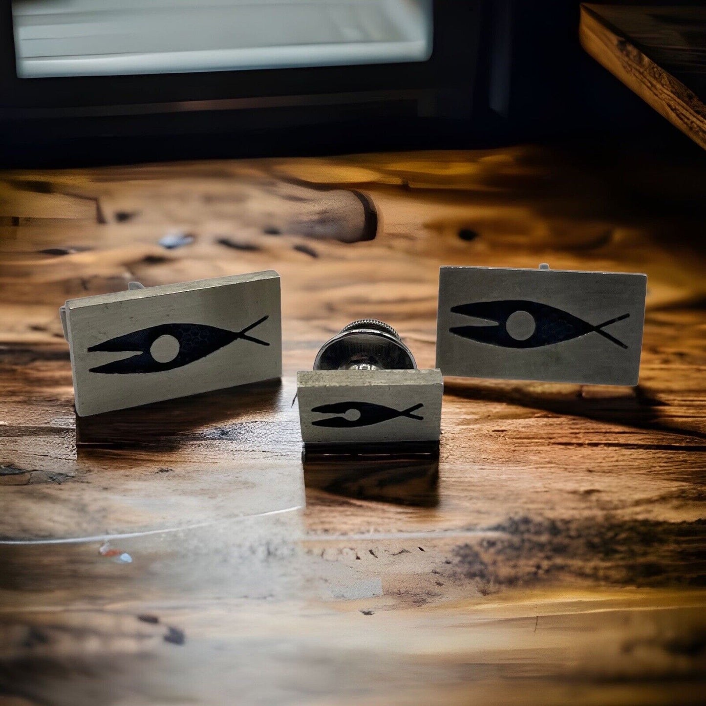 Brushed Silver Fish Cufflinks & Tie Tac Set