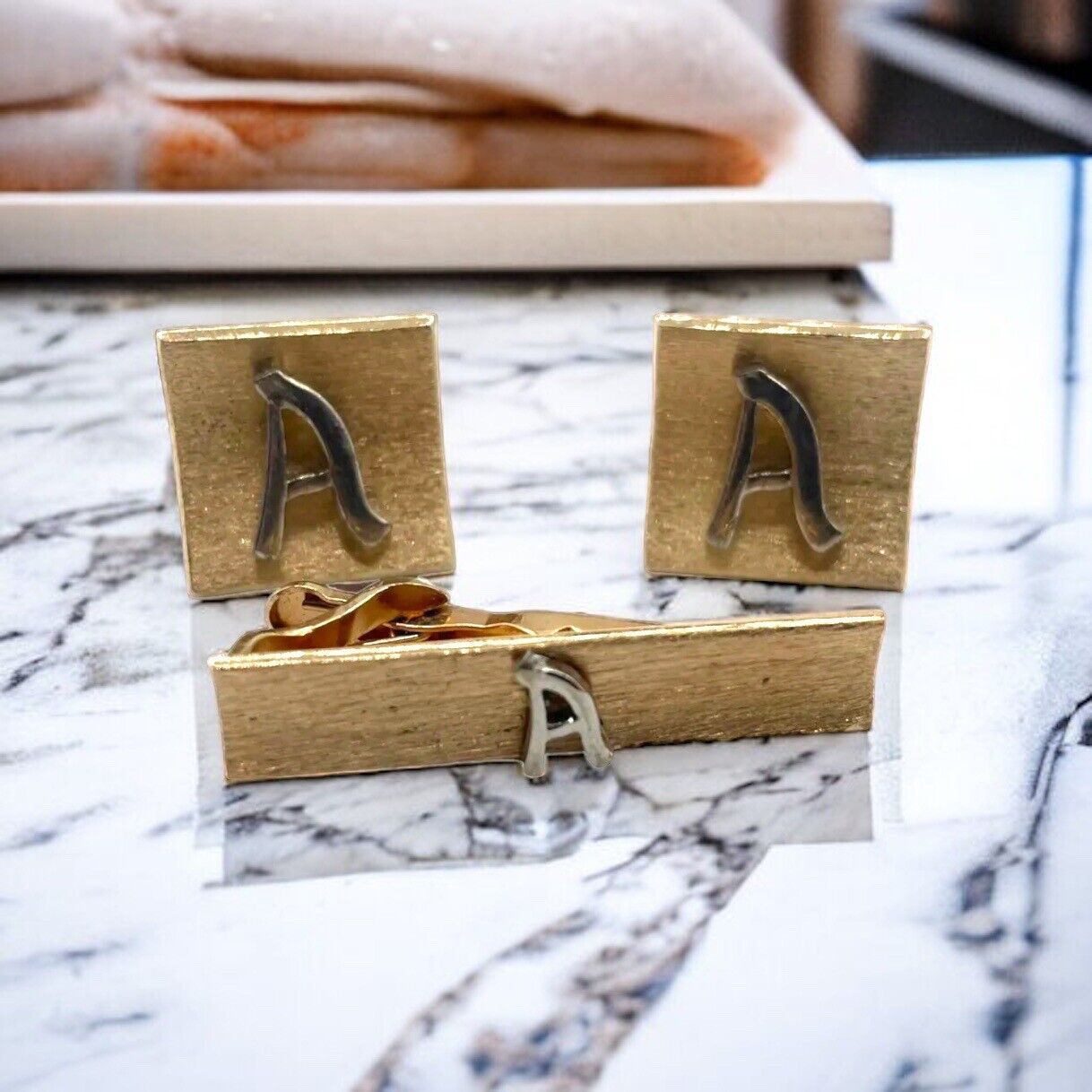 Swank Raised Monogram Letter “A” Cufflink & Tie Clip Set