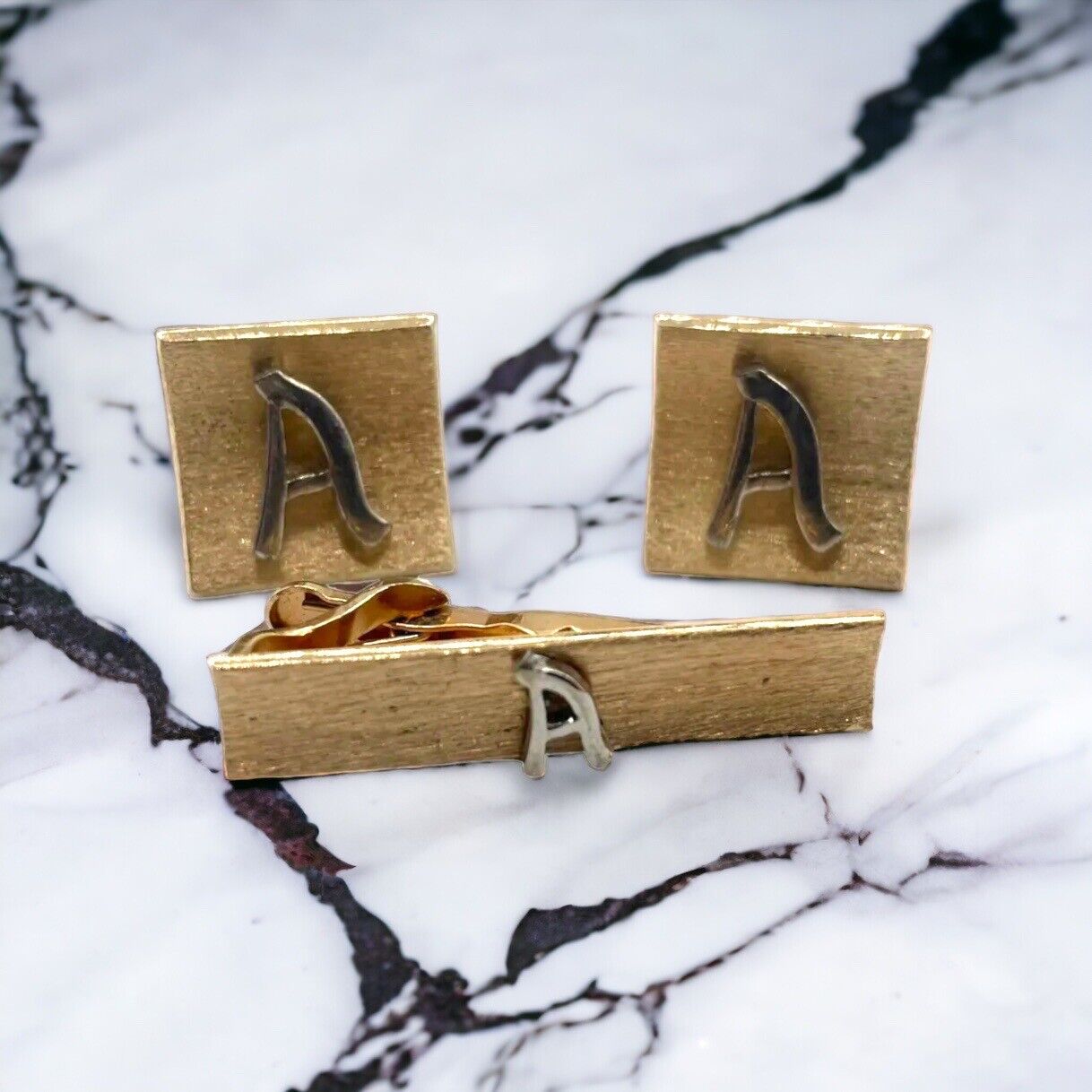 Swank Raised Monogram Letter “A” Cufflink & Tie Clip Set