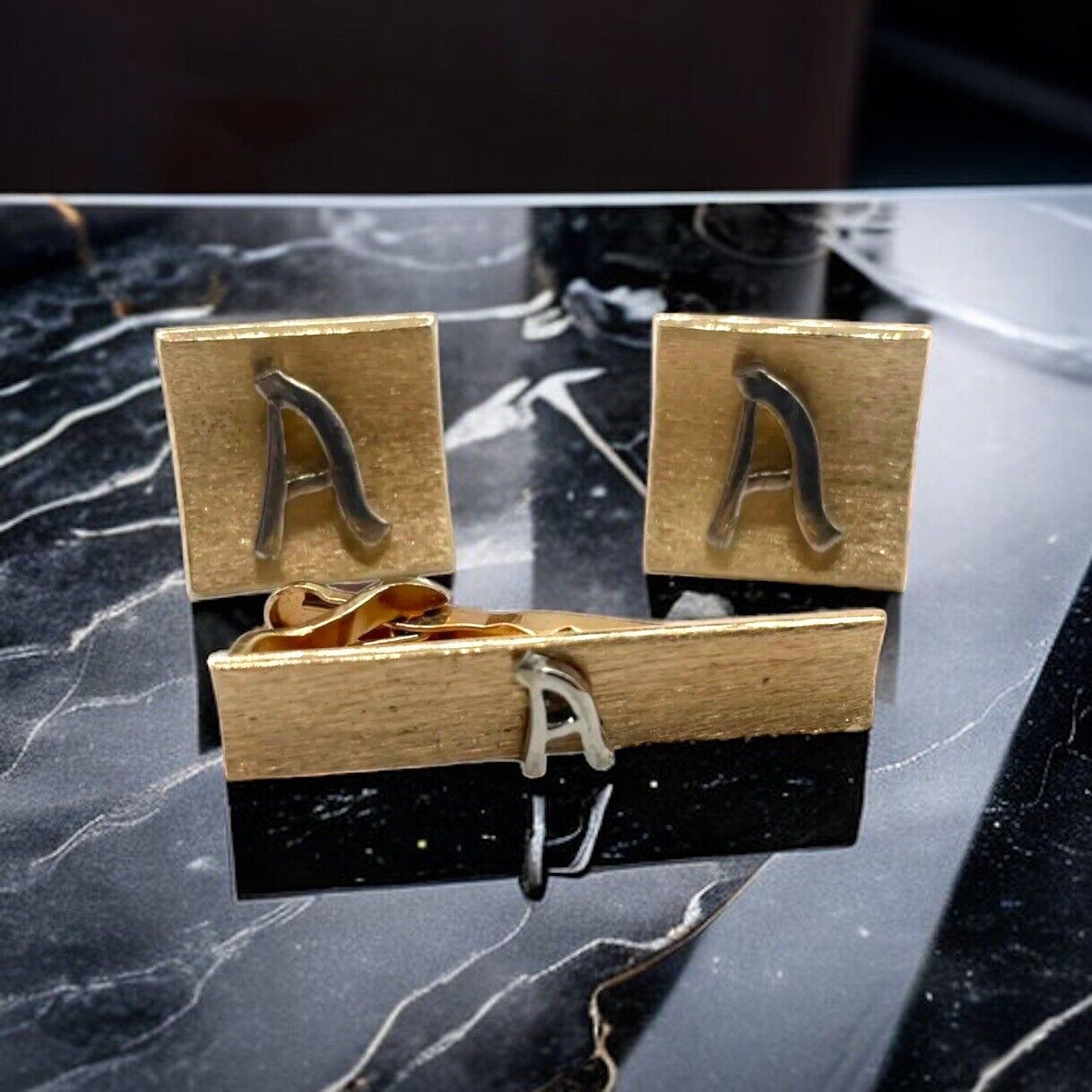 Swank Raised Monogram Letter “A” Cufflink & Tie Clip Set