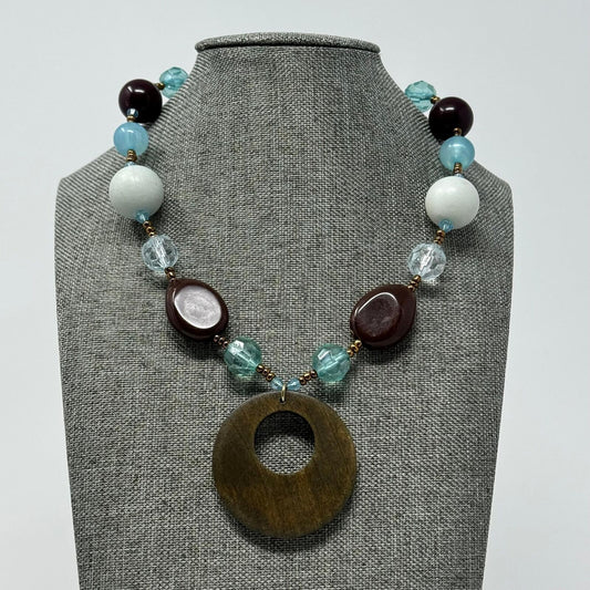 Vintage Blue White & Brown Beaded Necklace with Round Wood Pendant 16”