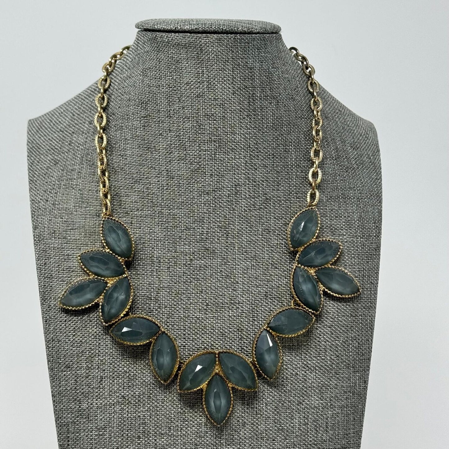 Stormy Blue & Gold Tone Floral Bib Collar Statement Necklace 16”