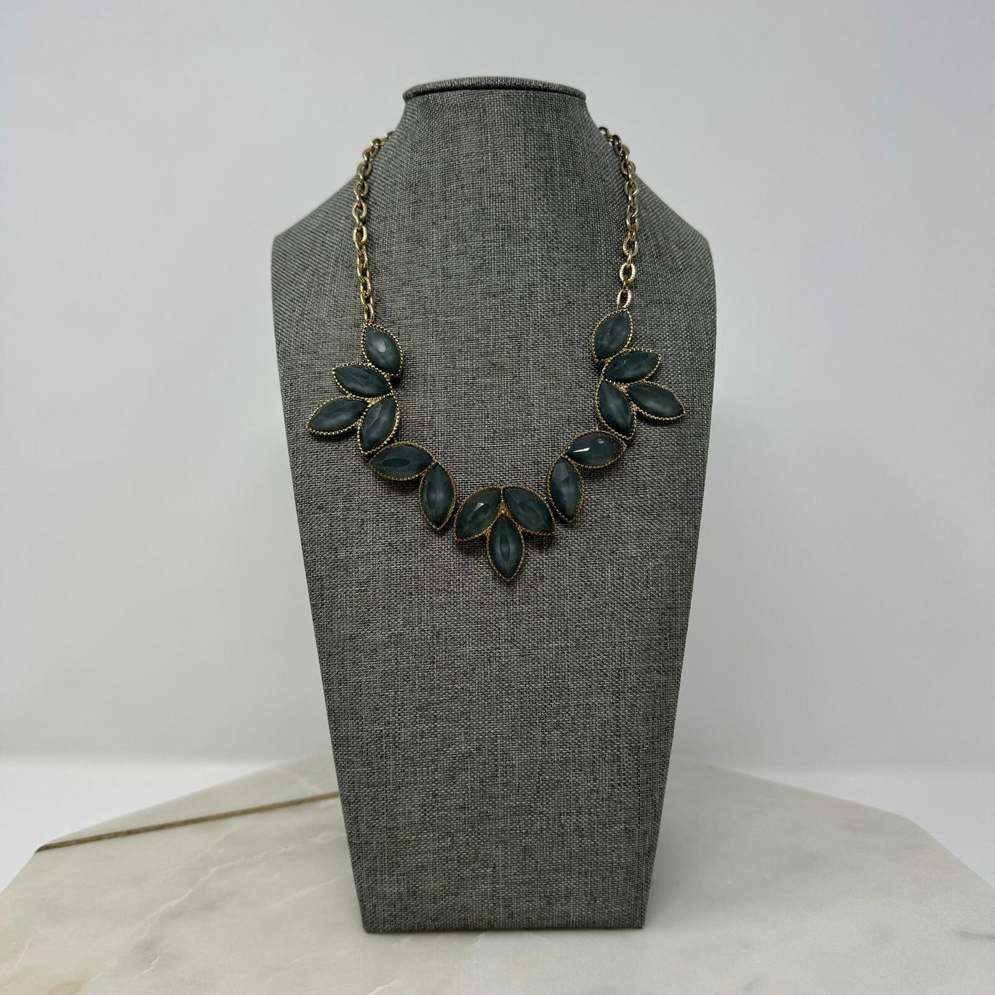 Stormy Blue & Gold Tone Floral Bib Collar Statement Necklace 16”