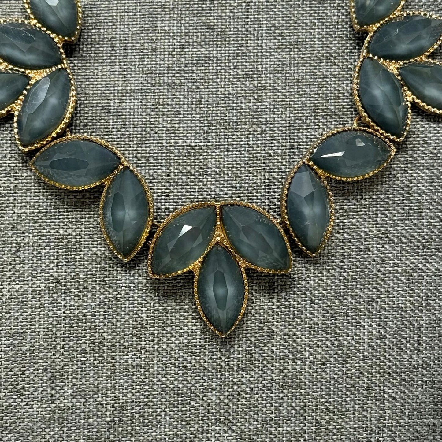 Stormy Blue & Gold Tone Floral Bib Collar Statement Necklace 16”