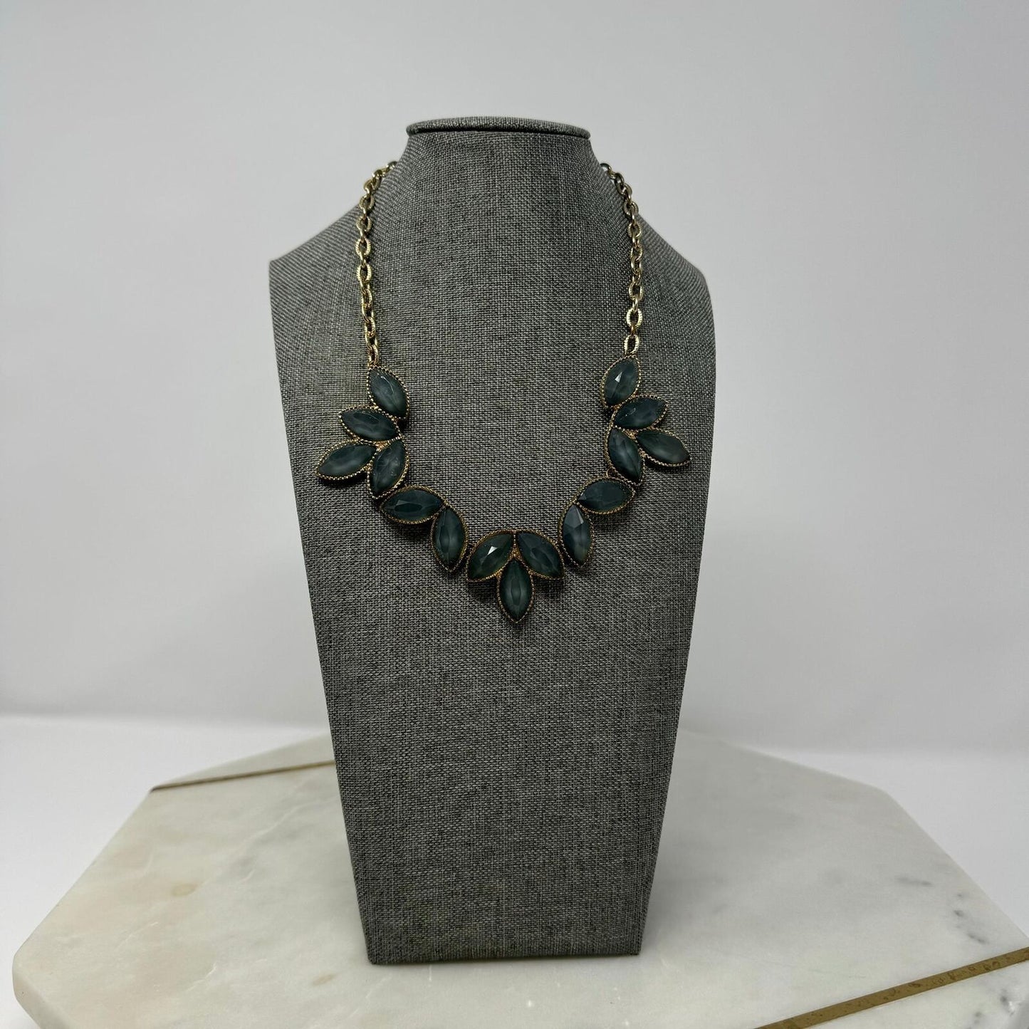 Stormy Blue & Gold Tone Floral Bib Collar Statement Necklace 16”