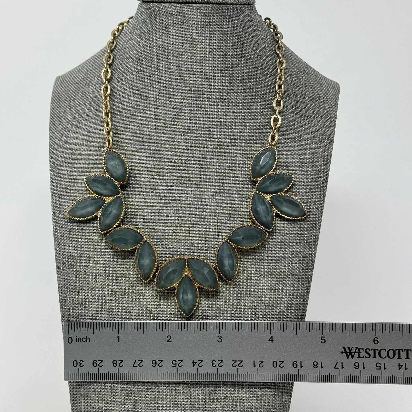 Stormy Blue & Gold Tone Floral Bib Collar Statement Necklace 16”