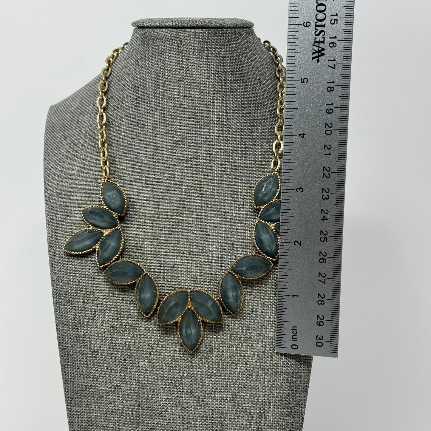Stormy Blue & Gold Tone Floral Bib Collar Statement Necklace 16”