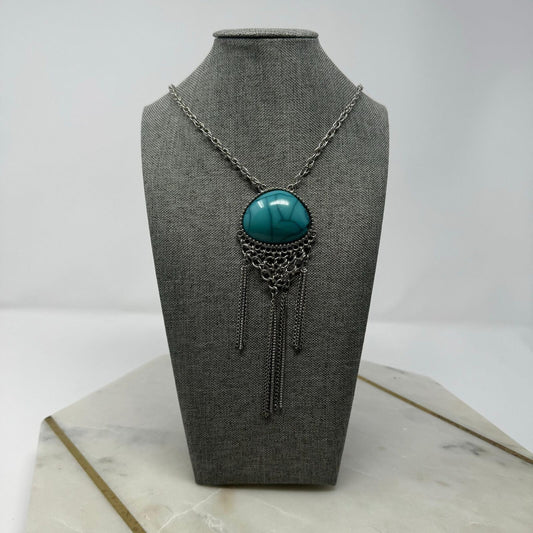 Turquoise Pendant Silver Chain Tassel Necklace Statement Boho 26”