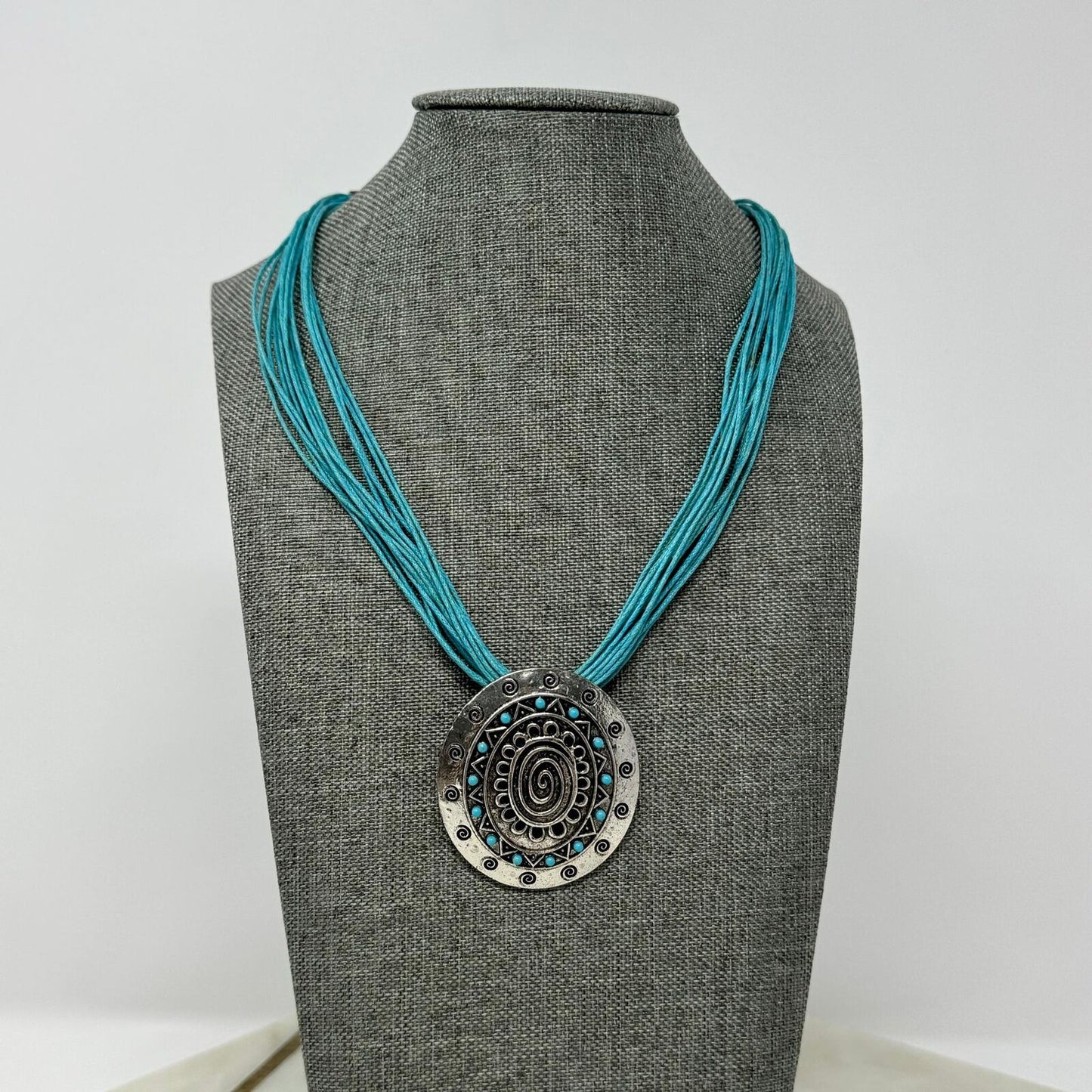 Teal Multi-Strand Bib Necklace with Intricate Silver Rustic Tribal Clip Pendant 16”
