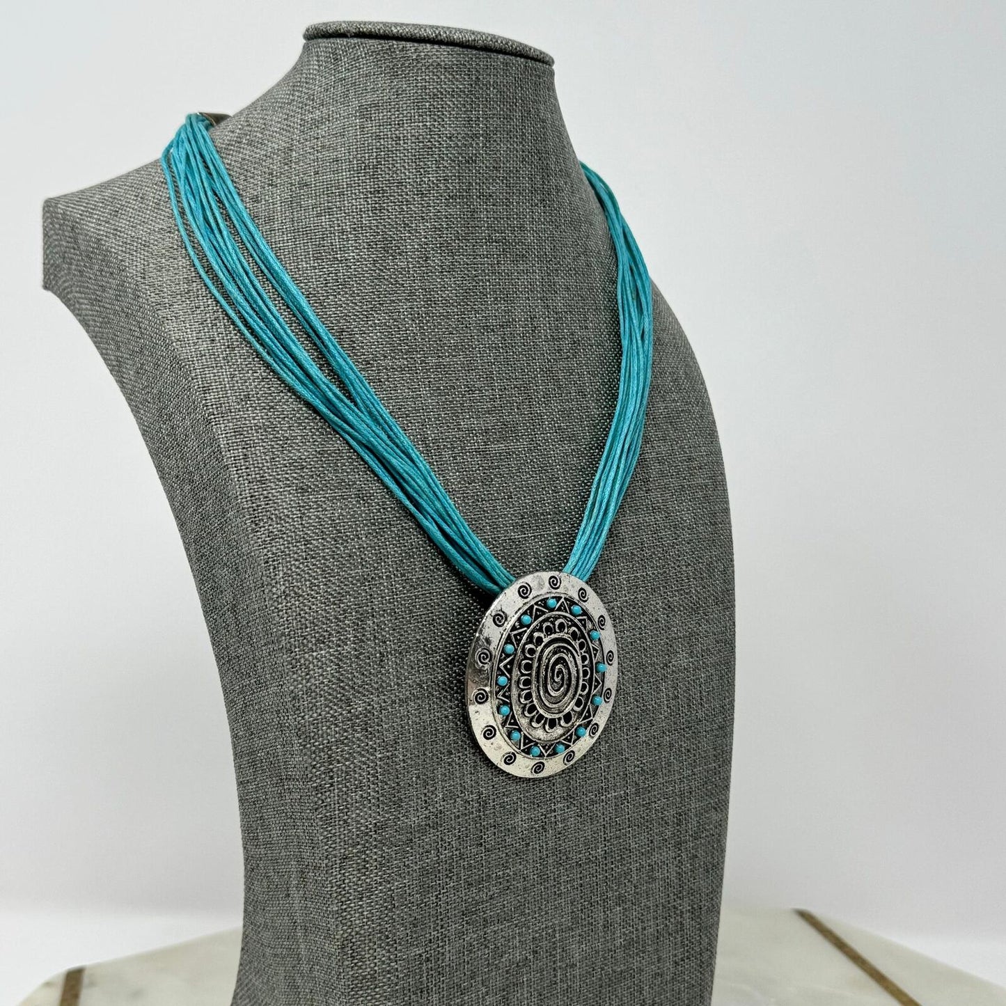 Teal Multi-Strand Bib Necklace with Intricate Silver Rustic Tribal Clip Pendant 16”