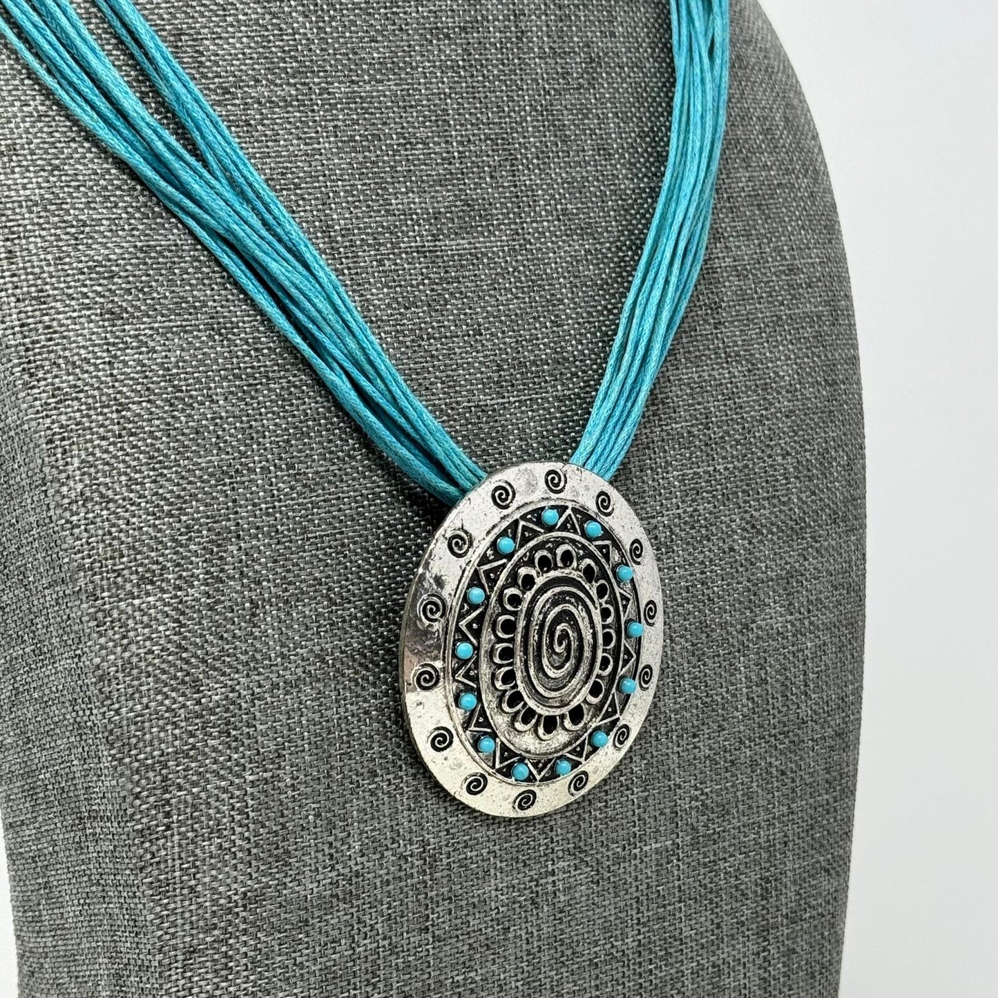 Teal Multi-Strand Bib Necklace with Intricate Silver Rustic Tribal Clip Pendant 16”