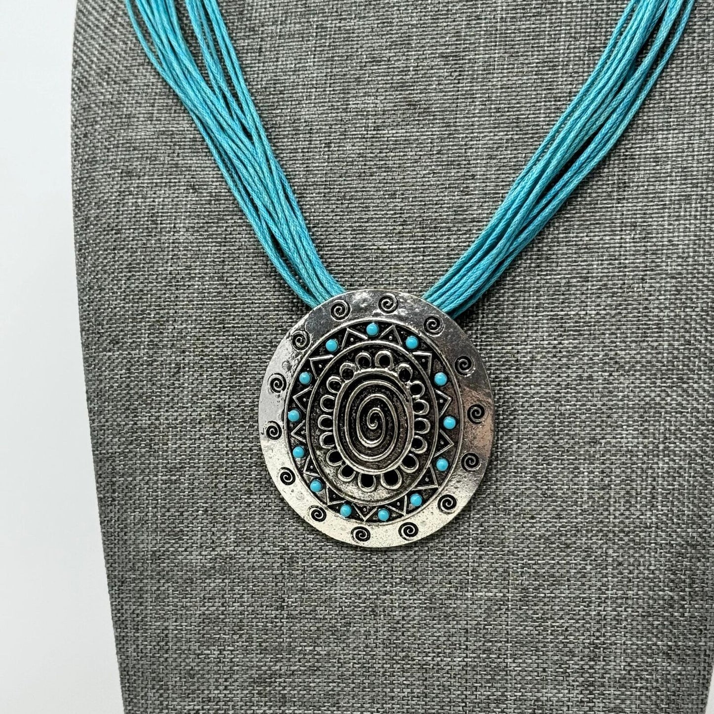 Teal Multi-Strand Bib Necklace with Intricate Silver Rustic Tribal Clip Pendant 16”