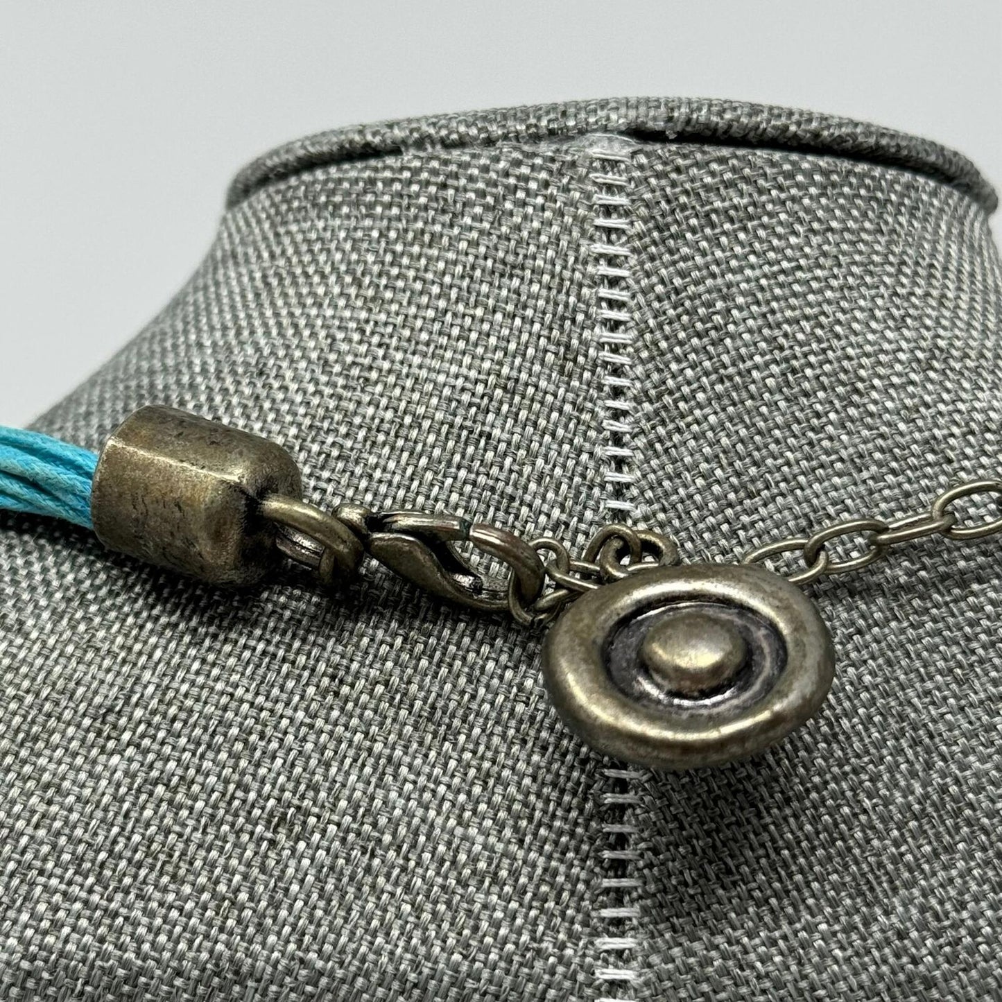 Teal Multi-Strand Bib Necklace with Intricate Silver Rustic Tribal Clip Pendant 16”