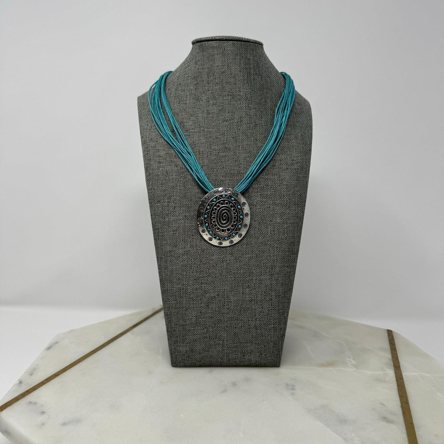 Teal Multi-Strand Bib Necklace with Intricate Silver Rustic Tribal Clip Pendant 16”
