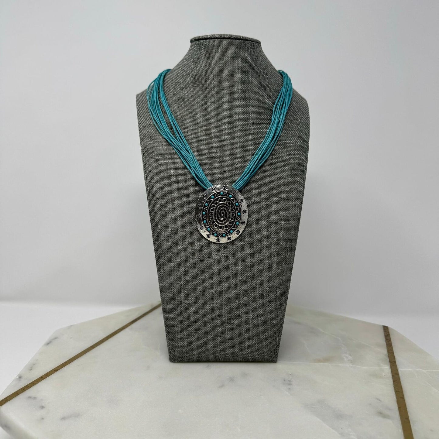 Teal Multi-Strand Bib Necklace with Intricate Silver Rustic Tribal Clip Pendant 16”
