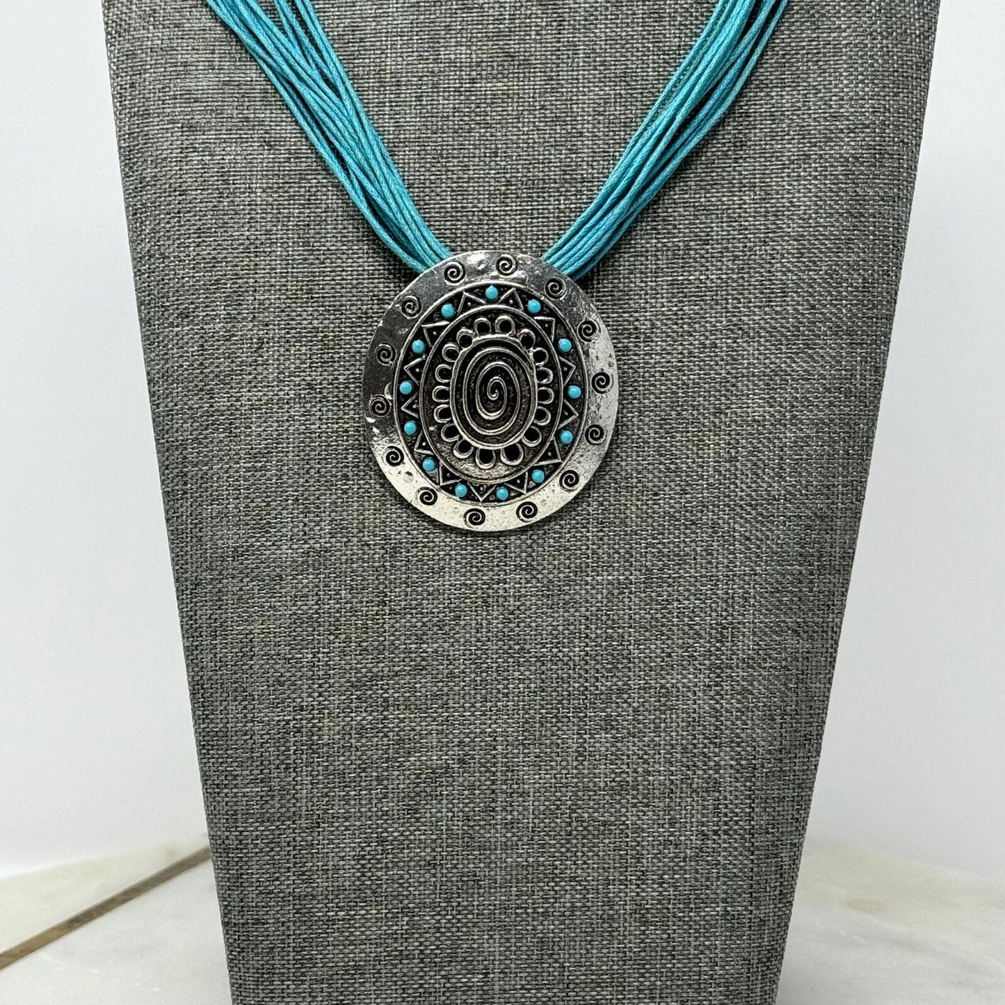 Teal Multi-Strand Bib Necklace with Intricate Silver Rustic Tribal Clip Pendant 16”
