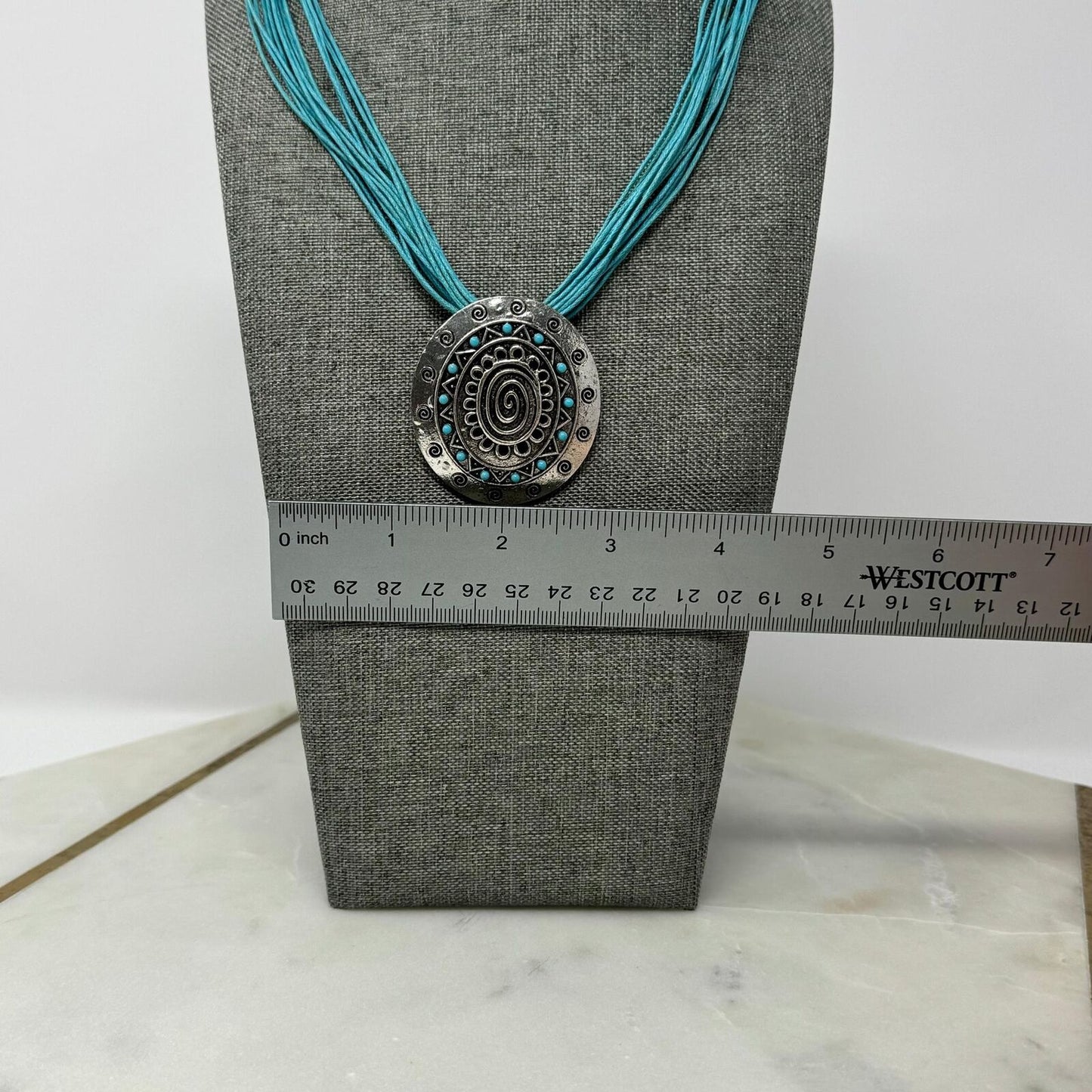 Teal Multi-Strand Bib Necklace with Intricate Silver Rustic Tribal Clip Pendant 16”