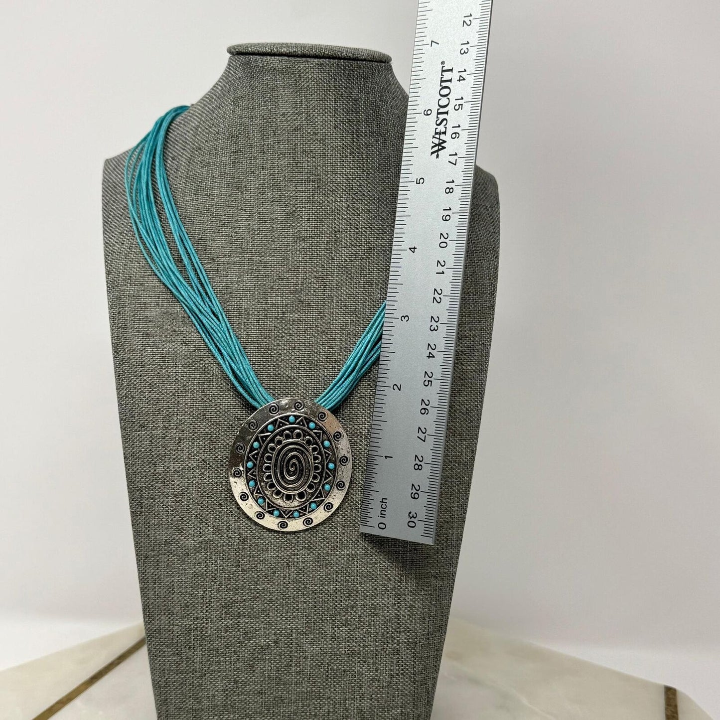 Teal Multi-Strand Bib Necklace with Intricate Silver Rustic Tribal Clip Pendant 16”
