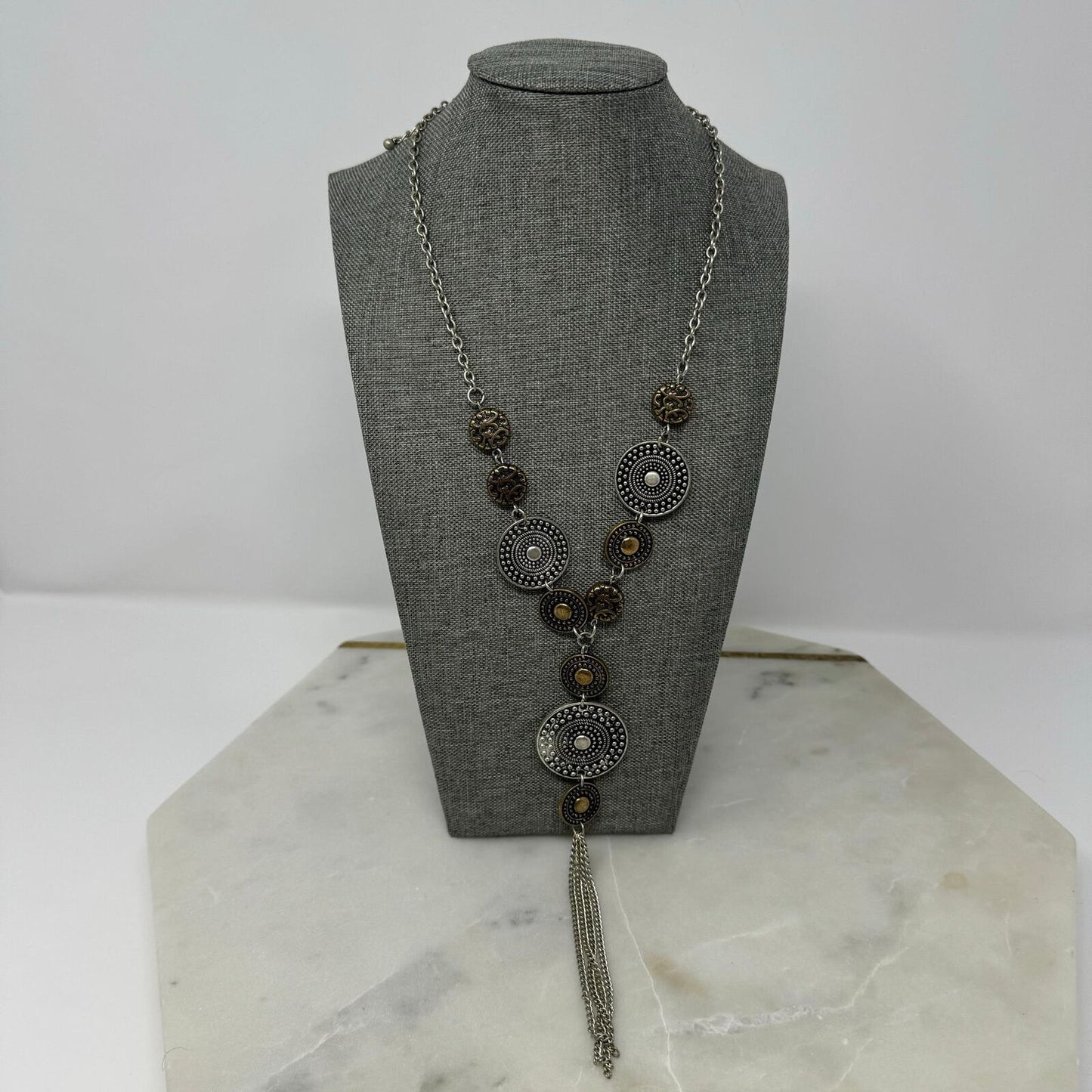 Tribal TwoTone Lariat Necklace Silver Brass Textured Intricate Medallions Tassel 20”