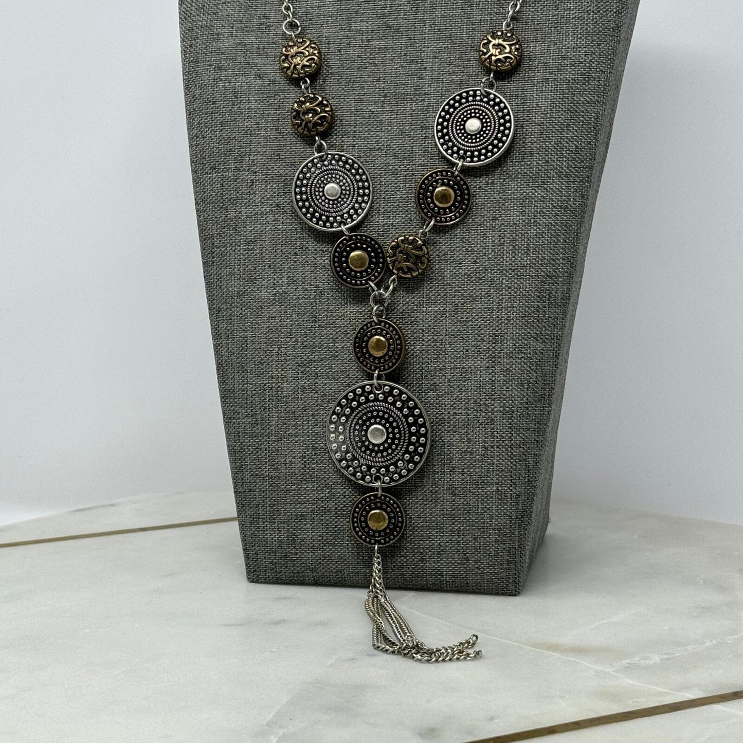 Tribal TwoTone Lariat Necklace Silver Brass Textured Intricate Medallions Tassel 20”