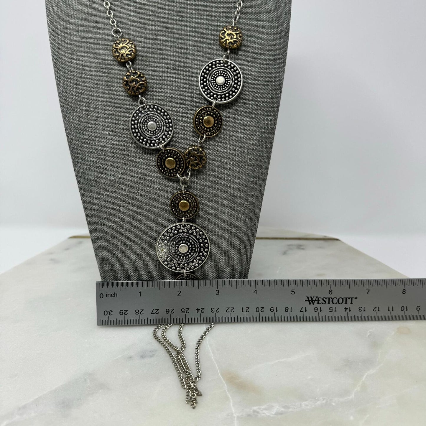Tribal TwoTone Lariat Necklace Silver Brass Textured Intricate Medallions Tassel 20”