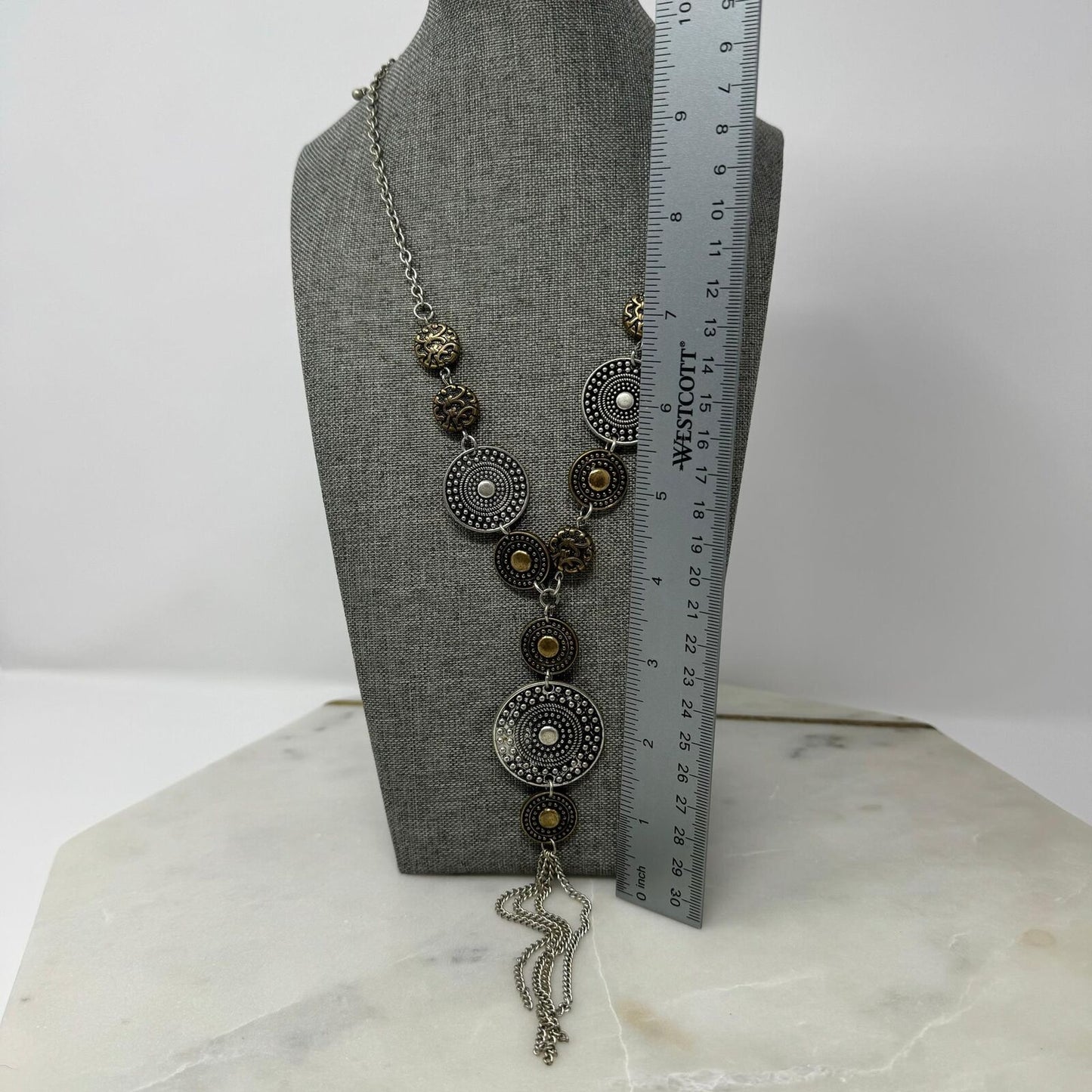 Tribal TwoTone Lariat Necklace Silver Brass Textured Intricate Medallions Tassel 20”