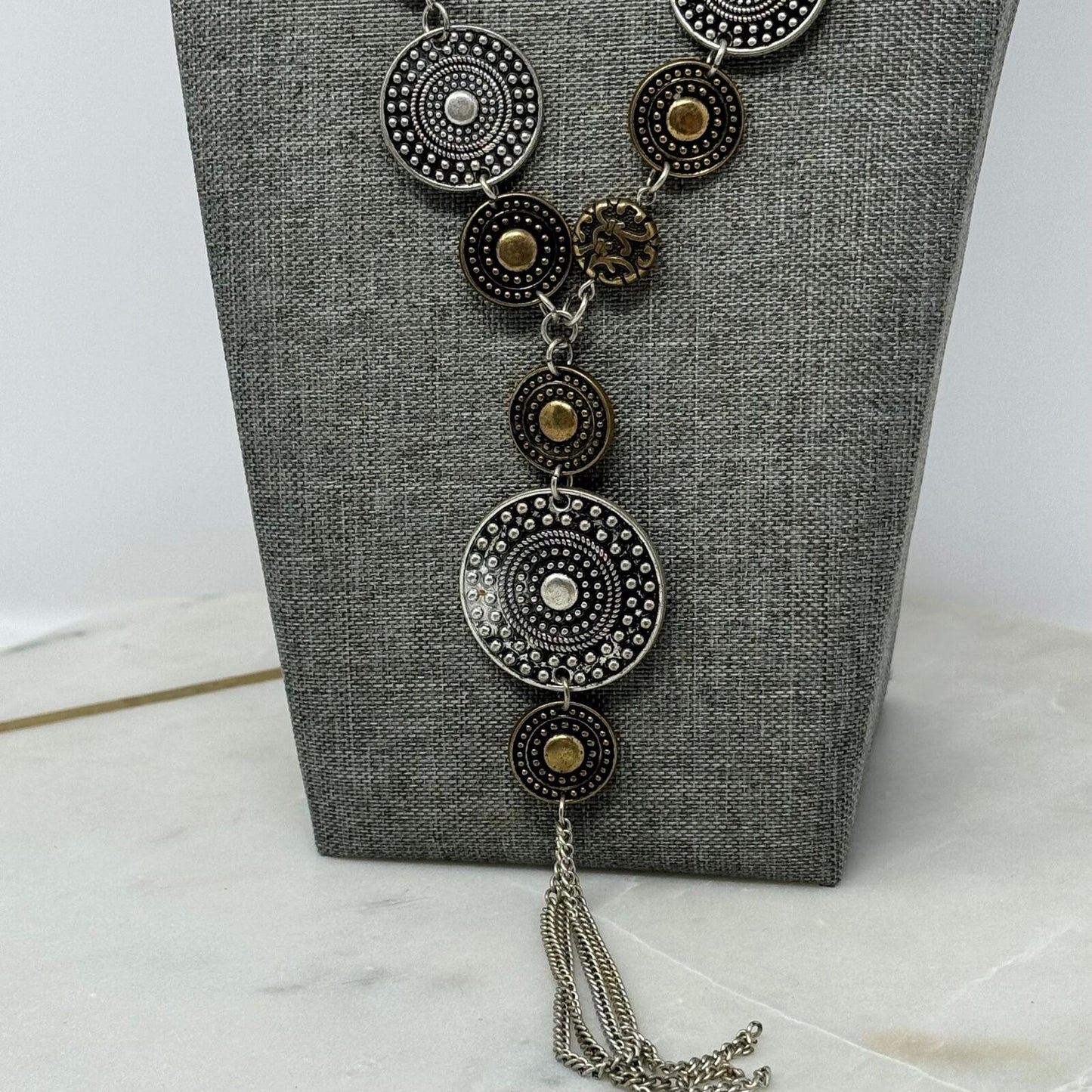 Tribal TwoTone Lariat Necklace Silver Brass Textured Intricate Medallions Tassel 20”