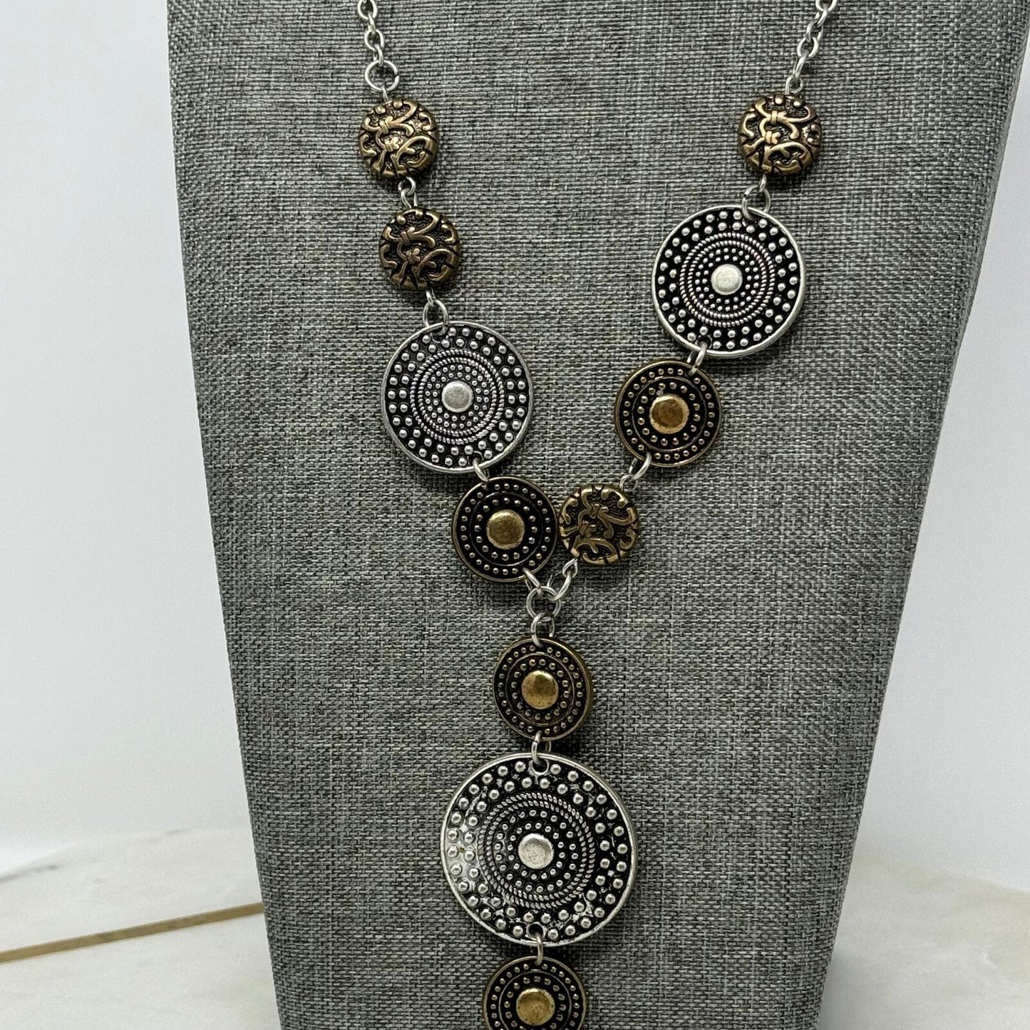Tribal TwoTone Lariat Necklace Silver Brass Textured Intricate Medallions Tassel 20”