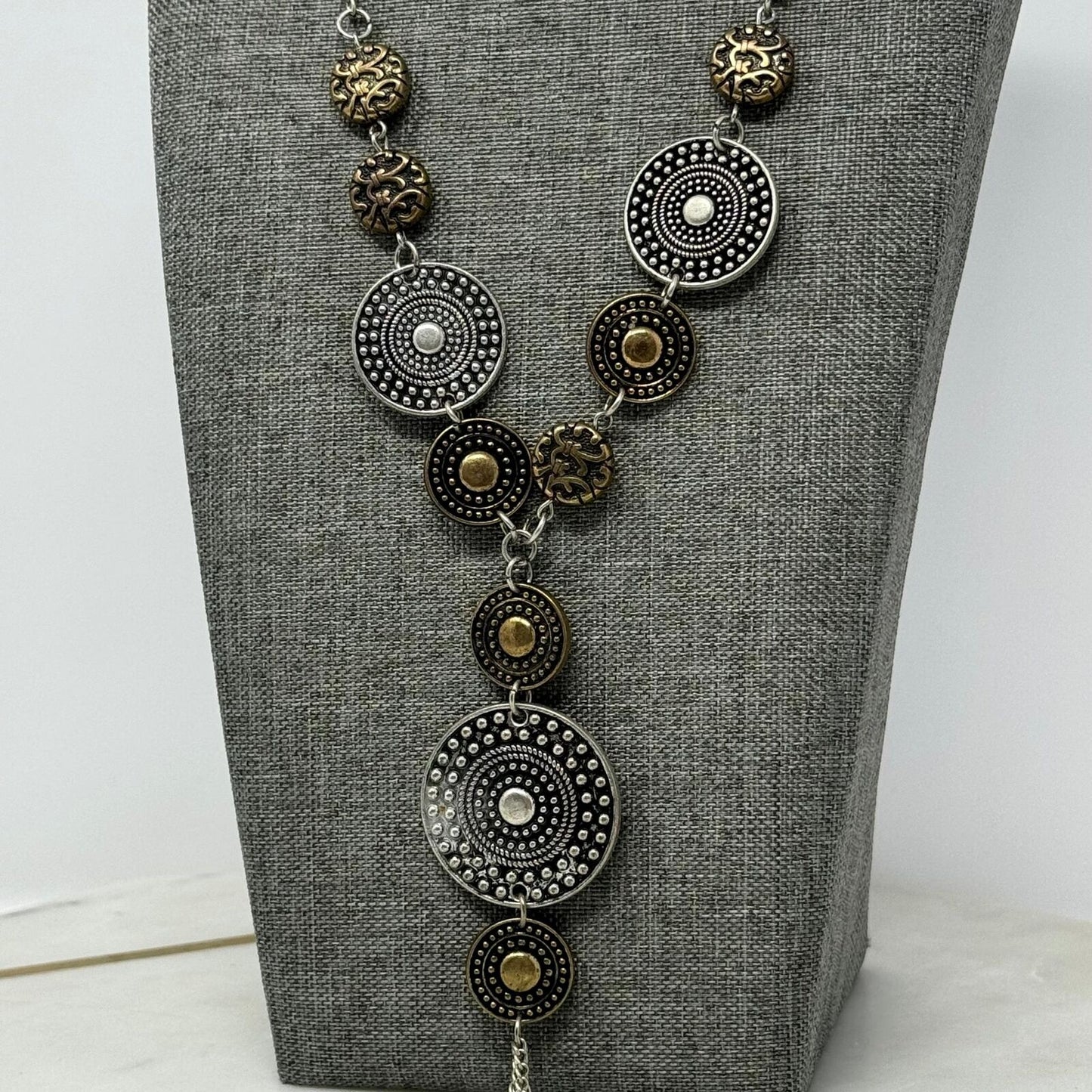 Tribal TwoTone Lariat Necklace Silver Brass Textured Intricate Medallions Tassel 20”